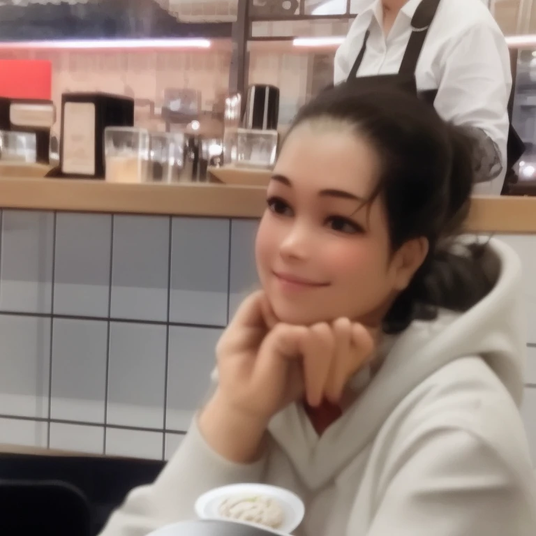 there is a woman sitting at a table with a plate of food, photo of young woman, sitting in a cafe, slightly smiling, candid shot, candid picture, very slightly smiling, candid portrait, sara ali, candid photo, not smiling, detailed unblurred face, student