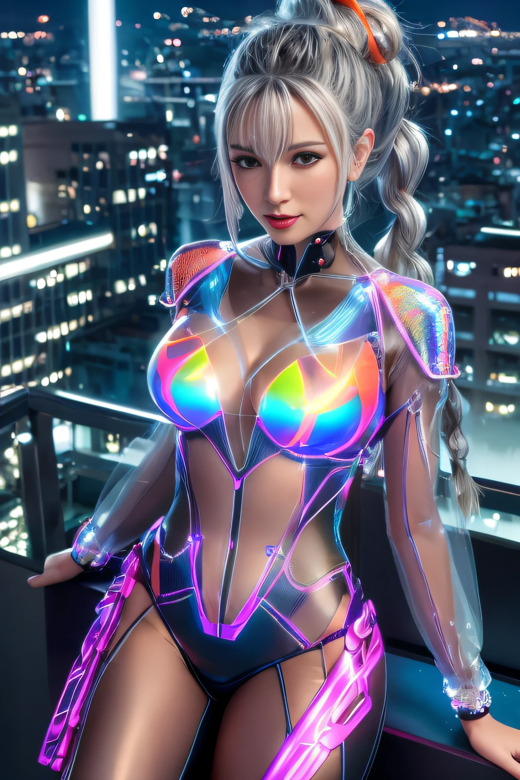 Cyber City at Night,(Gorgeous night view illumination:1.3),(Stand on the roof of a building:1.3)The actress is a very beautiful adult woman......(Sexy super shiny orange transparent holographic mechanical cyberpunk suit:1.3) ,(Mechanical suit that lights up with brightly colored LEDs:1.3),Surrounded by a network of wires. Surrounded by a web of circuits.Sexy face, a necklace,piercings, Happy smile.Sexy Pose, (Silver hair、Ponytail twisted buns adorned with elaborate braids and beads,Braided Setup Fishbone Hair,),(Bangs are see-through bangs),(hair pin、poneyTail、Floating hair、),breast slip,(Emphasis on large breasts:1.3),profetional lighting,Cinematic Light,(masutepiece,top-quality,Ultra-high resolution output image,) ,(The 8k quality,),(Sea Art 2 Mode:1.3),,(Image Mode Ultra HD,)