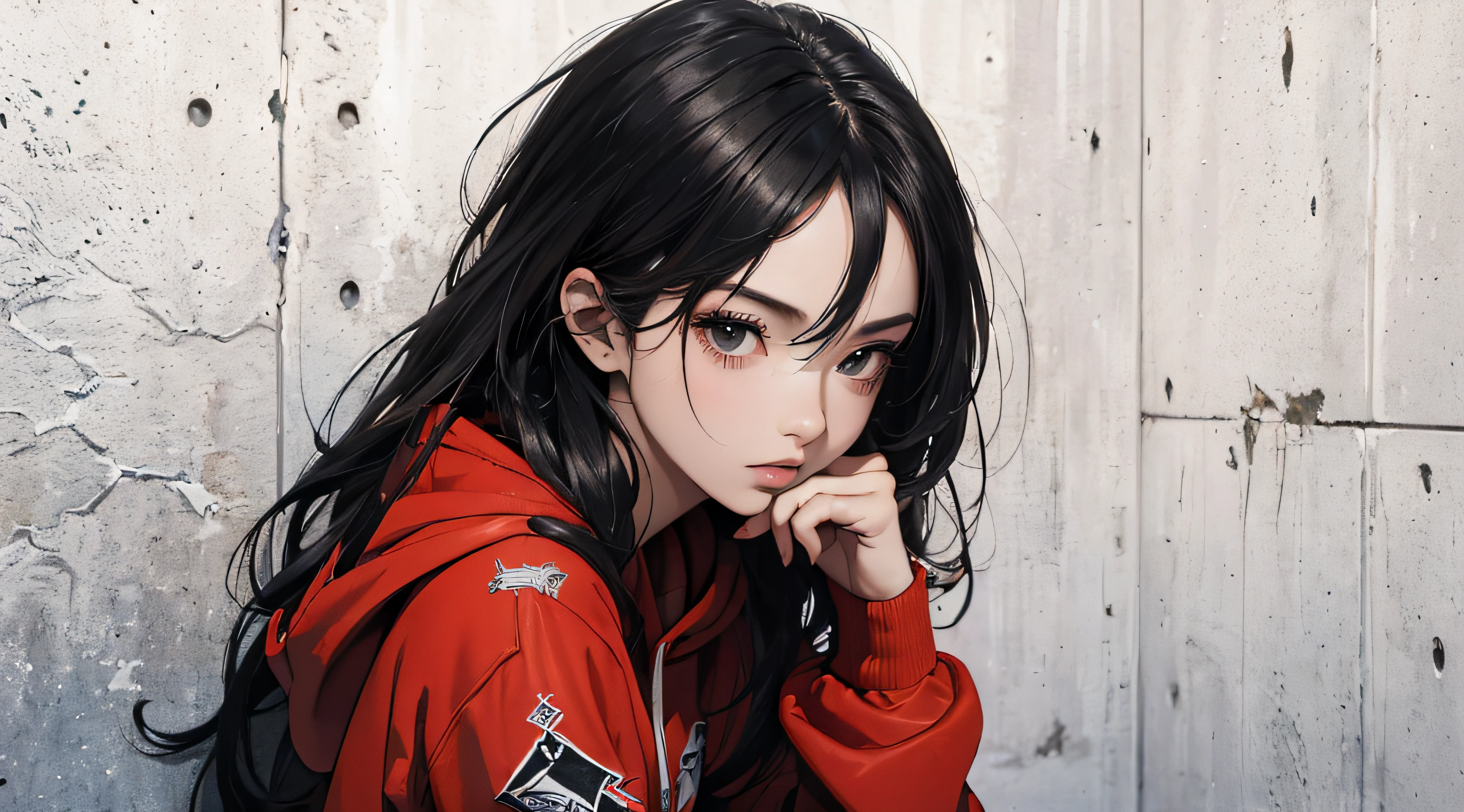 ((8k wallpaper of extremely detailed CG unit, ​masterpiece, hight resolution, top-quality, masutepiece)), ((a very beautiful woman, Grunge Fashion:1.2, wearing hoodies)), ((Top quality real texture skins, extra detailed face, Highly detailed black eyes, Contrasting eyes, extra detailed body)), (A dark-haired, The long-haired, de pele branca, Small:1.2), ((Colorful wall)), hyper realisitic, digitial painting,