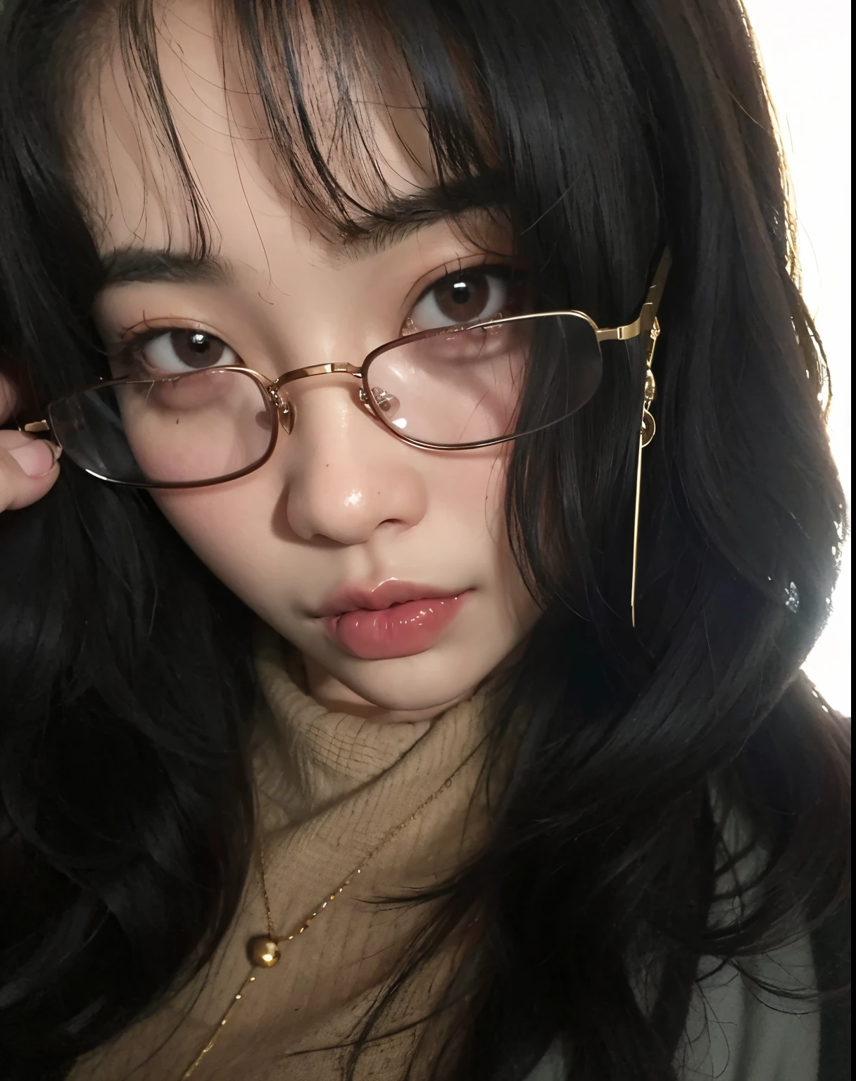 (8k, best quality, masterpiece, ultra high resolution: 1.2) Photo of the beautiful black Brazilian, curly hair, big eyes, (detailed_face), round glasses, tight black shirt, selfie, big breast : 1.3, open mouth, tongue out of mouth, sexually aroused face