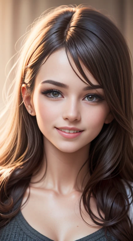 hiquality (photo realistic style, UHD, 16k, textured skin, hight resolution), Portrait of a beautiful white woman, The perfect female face, ahoge hair, dark colored hair, wicked smile