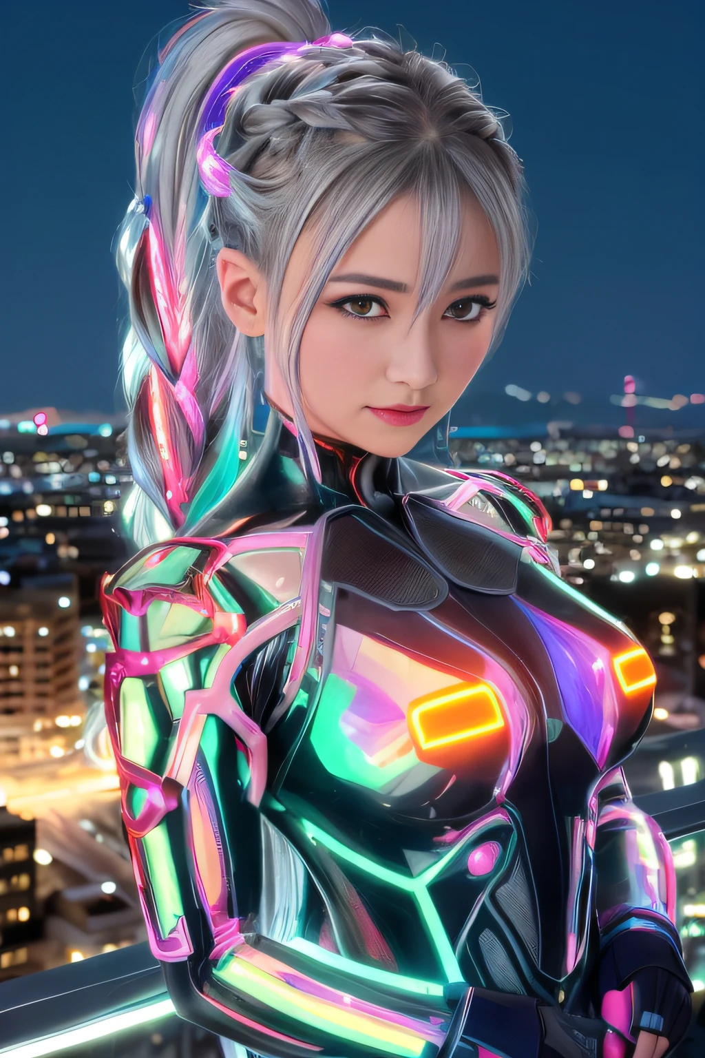 Cyber City at Night,(Gorgeous night view illumination:1.3),(Stand on the roof of a building:1.3)The actress is a very beautiful adult woman......(Sexy super shiny orange transparent holographic mechanical cyberpunk suit:1.3) ,(Mechanical suit that lights up with brightly colored LEDs:1.3),Surrounded by a network of wires. Surrounded by a web of circuits.Sexy face, a necklace,piercings, Happy smile.Sexy Pose, (Silver hair、Ponytail twisted buns adorned with elaborate braids and beads,Braided Setup Fishbone Hair,),(Bangs are see-through bangs),(hair pin、poneyTail、Floating hair、),breast slip,(Emphasis on large breasts:1.3),profetional lighting,Cinematic Light,(masutepiece,top-quality,Ultra-high resolution output image,) ,(The 8k quality,),(Sea Art 2 Mode:1.3),,(Image Mode Ultra HD,)