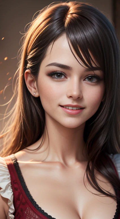 hiquality (photo realistic style, UHD, 16k, textured skin hight resolution), Portrait of a beautiful woman, ahoge hair, The perfect female face, dark colored hair, wicked smile