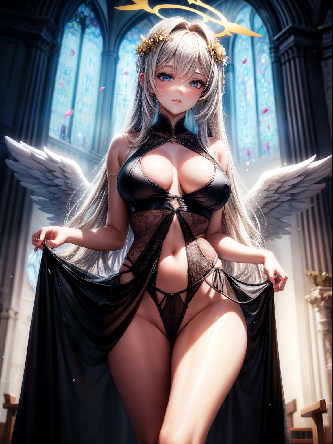 （8K ，hyper-detailing，ultra real photo，Best masterpiece，natural，Perfect artwork，Perfect female body），Cute busty girl ，Hair color，（large tities），Angelic，obsessed，the angel's wings，The halo，Beautiful church，beautiful rain of petals，Gorgeous accessories，golden brilliance，Wearing a see-through sexy black gauze skirt，Sexy transparent black dress，ssee-through，Built-in thong，The cracks are relatively large，stretch the meat，Raised sexy，Flirtatious，obscene exposure