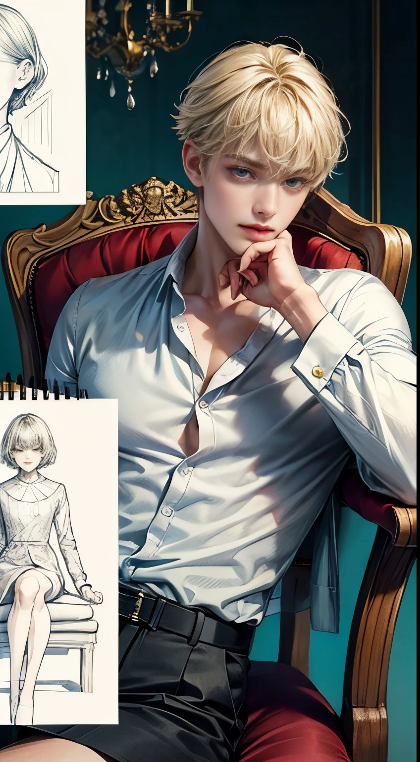 masterpiece, ((beautiful boy sitting on a chair、I carefully sketch out clothing patterns while looking at my sketchbook..)), (Rough but elegant long sleeve button down shirt), Accurate and beautifully drawn body and fingers, Looking at Viewer, ((Accurate and beautifully drawn eyes)), ((Accurate and beautifully drawn faces)), ((White Shorthair)), The bangs are divided into 7 to 3 parts.., There are two wooden torsos in the room...,