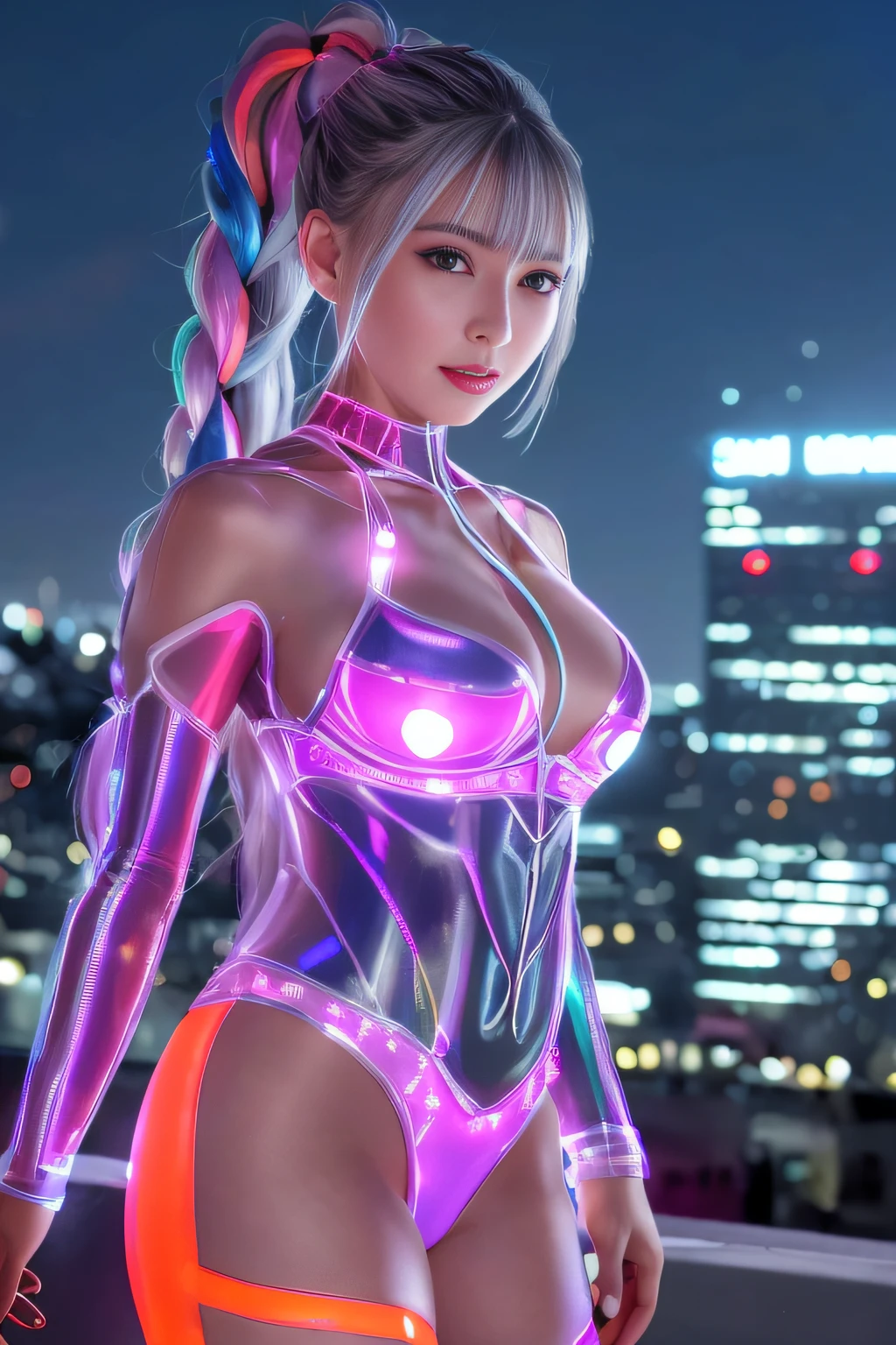 Cyber City at Night,(Gorgeous night view illumination:1.3),(Stand on the roof of a building:1.3)The actress is a very beautiful adult woman.......(y super shiny orange transparent holographic mechanical cyberpunk suit:1.3) ,(Mechanical suit that lights up with brightly colored LEDs:1.3),Surrounded by a network of wires. Surrounded by a web of circuits.Sexace, a necklace,piercings, Happy smile.Sexy P, (Silver hair、Ponytail twisted buns adorned with elaborate braids and beads,Braided Setup Fishbone Hair,),(Bangs are see-through bangs),(hair pin、poneyTail、Floating hair、),breast slphasis on large breasts:1.3),pral lighting,Cinematic Light,(masutepiece,top-quality,Ultra-high resolution output image,) ,(The 8k quality,),(Sea Art 2 Mode:1.3),,(Image Mode Ultra HD,)