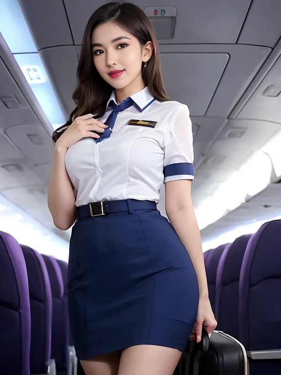 masterpiece, high-detail, the most pornographic airline stewardess in the world, ((pornographic)), in air purple hostess costume, brunette long hair, bob hairstyle, legs, ((( huge Breasts 1.9))) thick thighs,wide hips, Air hostess dress, slim body, smile lips, ((air hostess)) (UHD, 8K wallpaper, High resolution), Cinematic lighting, physically-based rendering, award-winning, extremely detailed skin, extra detailed face, high detail eyes, Carl Zeiss 85 mm F/1.4, by Ellen von Unwerth