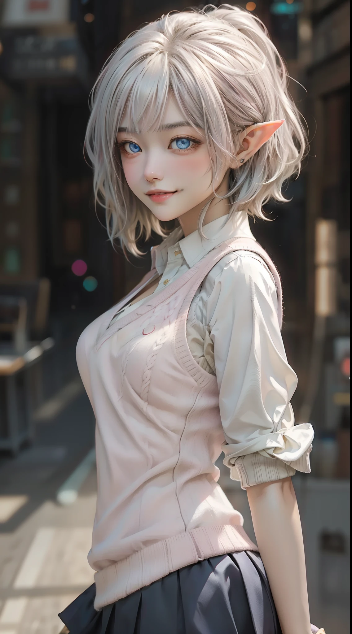 (masterpiece, best quality: 1.2), (ultra-detailed, cinematic lighting), (illustration), (beautiful detailed face, eyes), (elf:1.2) (1girl), Light pink lips, Tilting Head, light Smile, (white hair, sidelock, Pixie cut), Deep Blue Eyes, (Sweater vest:1.2), (school uniform:1.1), upper body, medium breast, looking at viewer, depth of field, by Artgerm, Yusuke Murata.