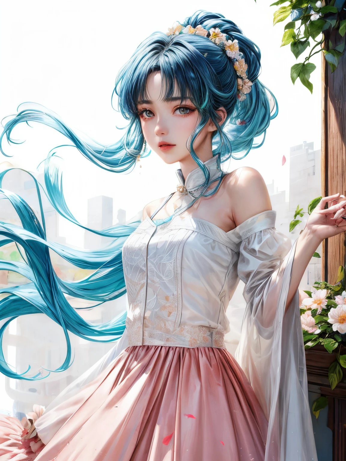 32K, 最高quality, 最高masterpiece, (ultra-Detailed Background, Detailed Background), High resolution, Super detailed, Very detailedな, 1 personの, (bouquet:1.3), (Tangled:1.2), (Geometric:1.2),(colorful),(masterpiece, quality, best quality, Official Art, Beautiful and beautiful:1.2), (1 person:1.3), Very detailed,(colorful:1.1)(Flowers:1.3),Most detailed,(Tangled:1.2), whole body, (Abstract background:1.3), (Skin glows), (Many colors:1.4), ,(Earrings Jewelry:1.5), Light Blue Background,