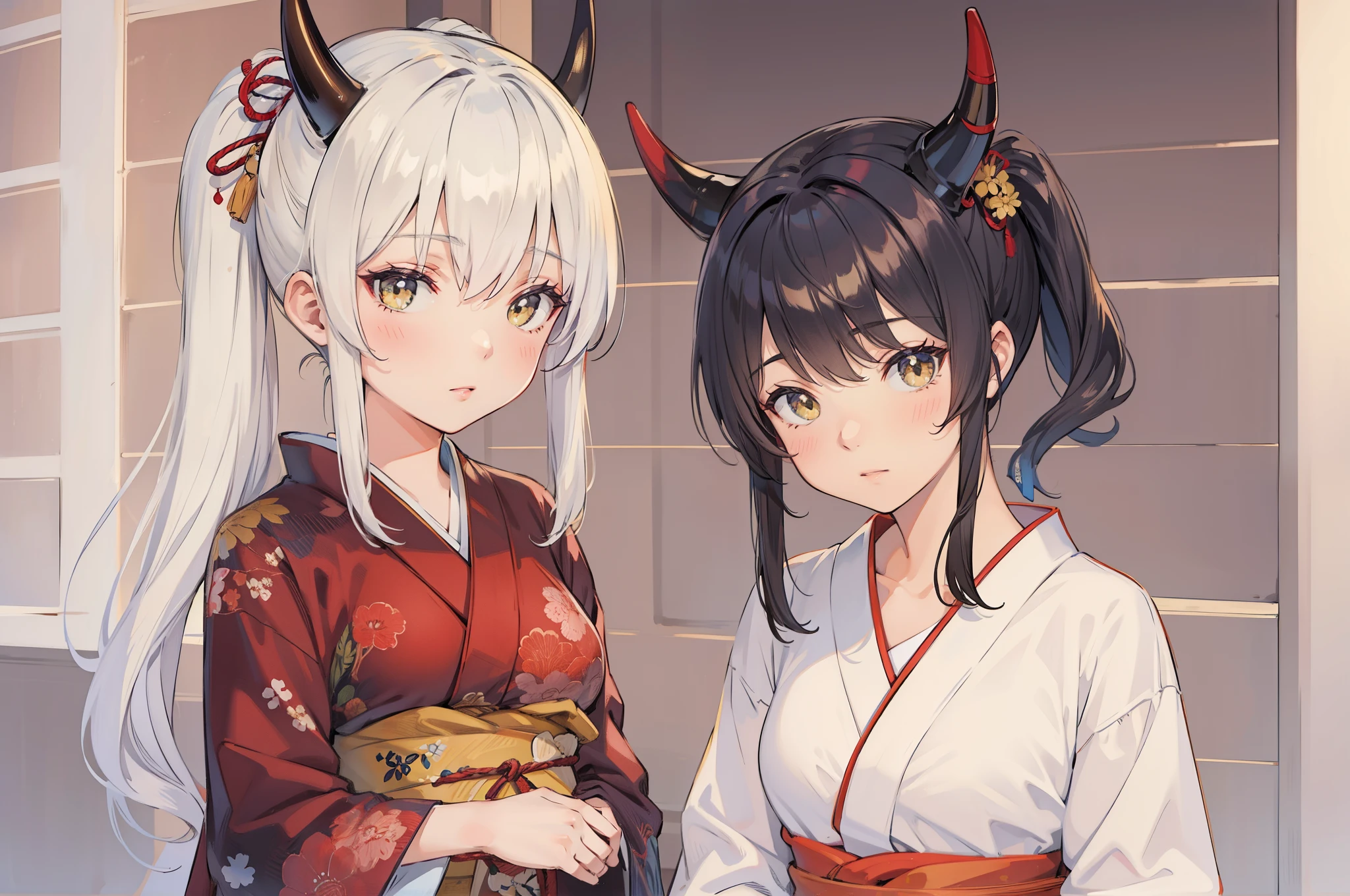 (masterpiece, best quality:1.2), 2girls, upper body, (kimono, bare shoulder), demon horns, evil smile, Japanese old style restaurant, Tatami floor, wooden table