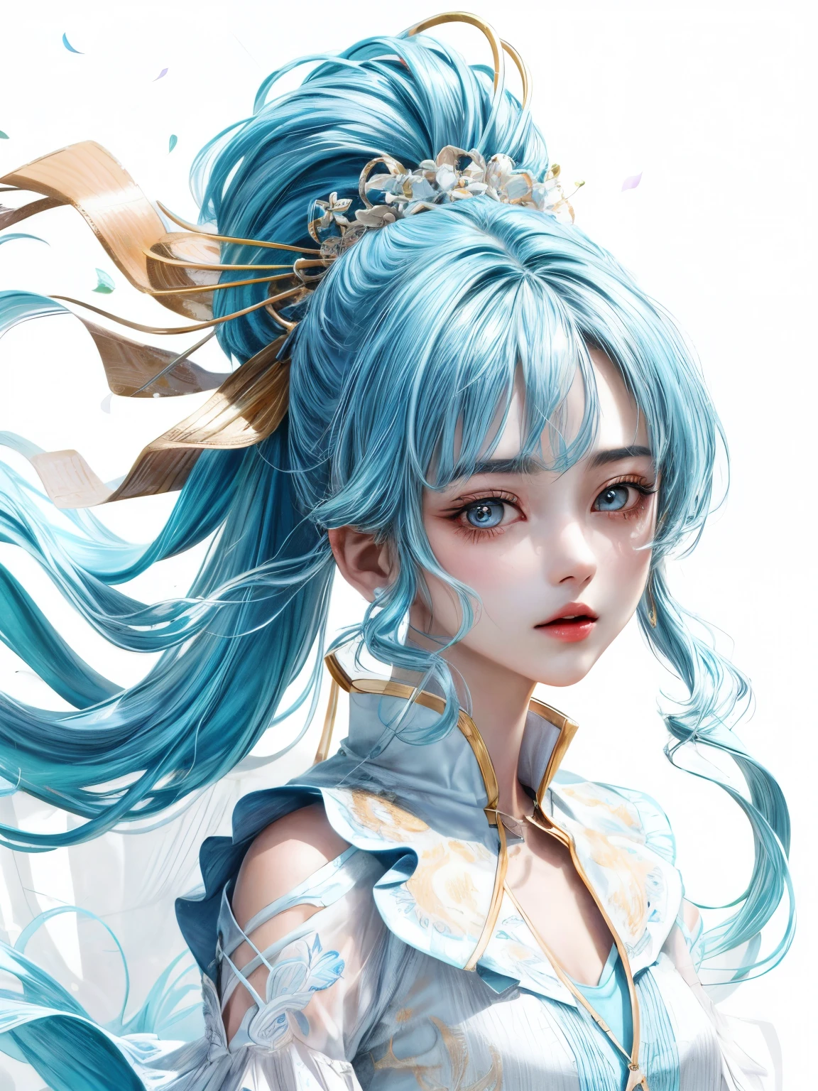 (masterpiece), (best quality), (ultra detailed),(disheveled hair),(illustration), (1girl), (Fashionable clothing), standing, Fashion model, looking at viewer, (interview), (simple background),beautiful detailed eyes, delicate beautiful face, Floating,(high saturation),(colorful splashes),colorful bubble,(shining), focus on face,  ponytail, kamisato ayaka, light blue hair, bangs, hair ring, floating flowers, floating hairs, (shining), best lighting, best shadow,