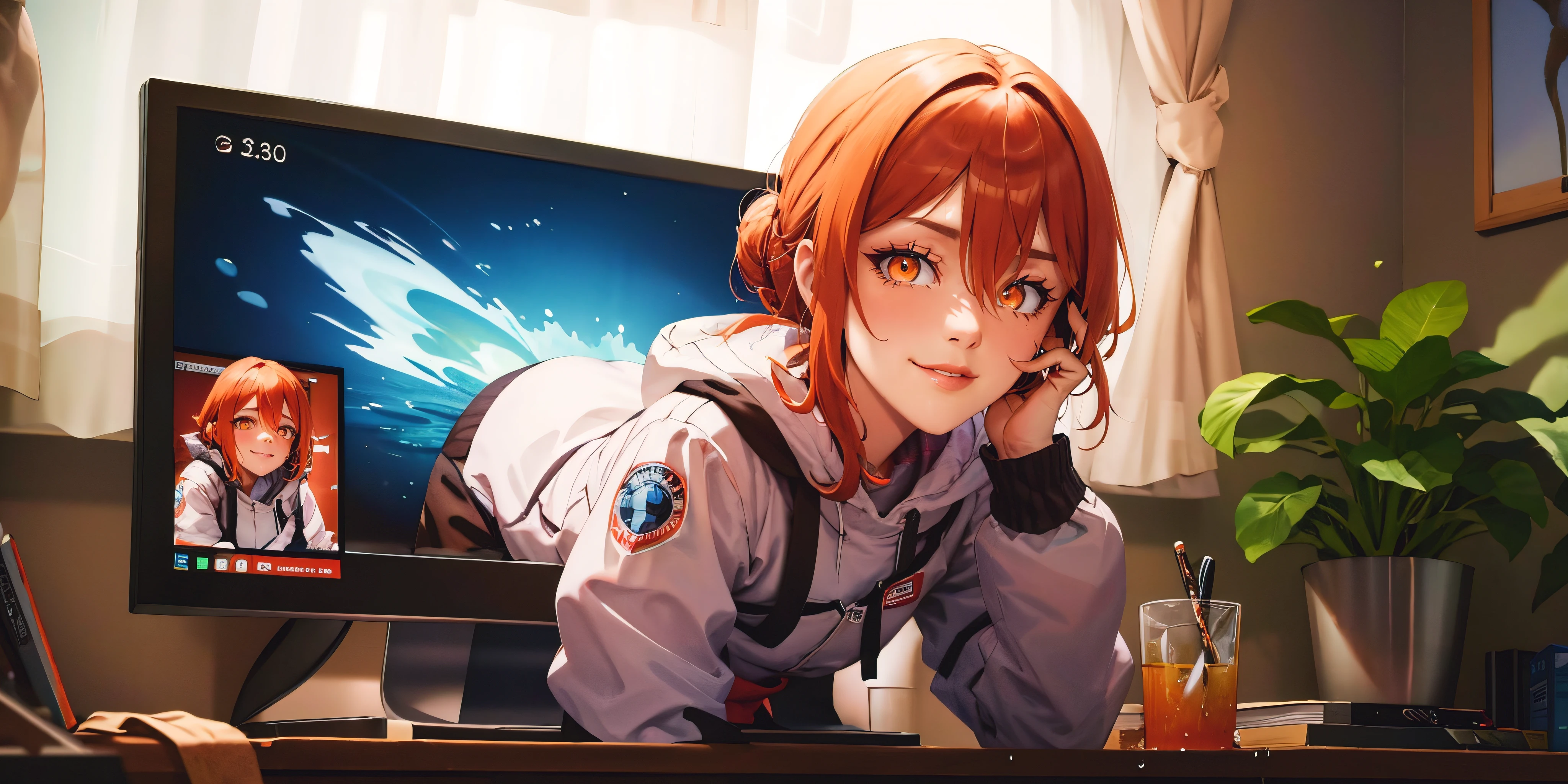 anatomically correct, best quality, masterpiece, high quality, high details, highres, HD, (shaded face:1.2), hollow eyes, orange eyes, looking at viewer, smirk, upper teeth, lips, orange hair, hair bun, through screen, stuck, monitors, upped body, monitors, desk, dimly lit, sweating, wet, water drop,