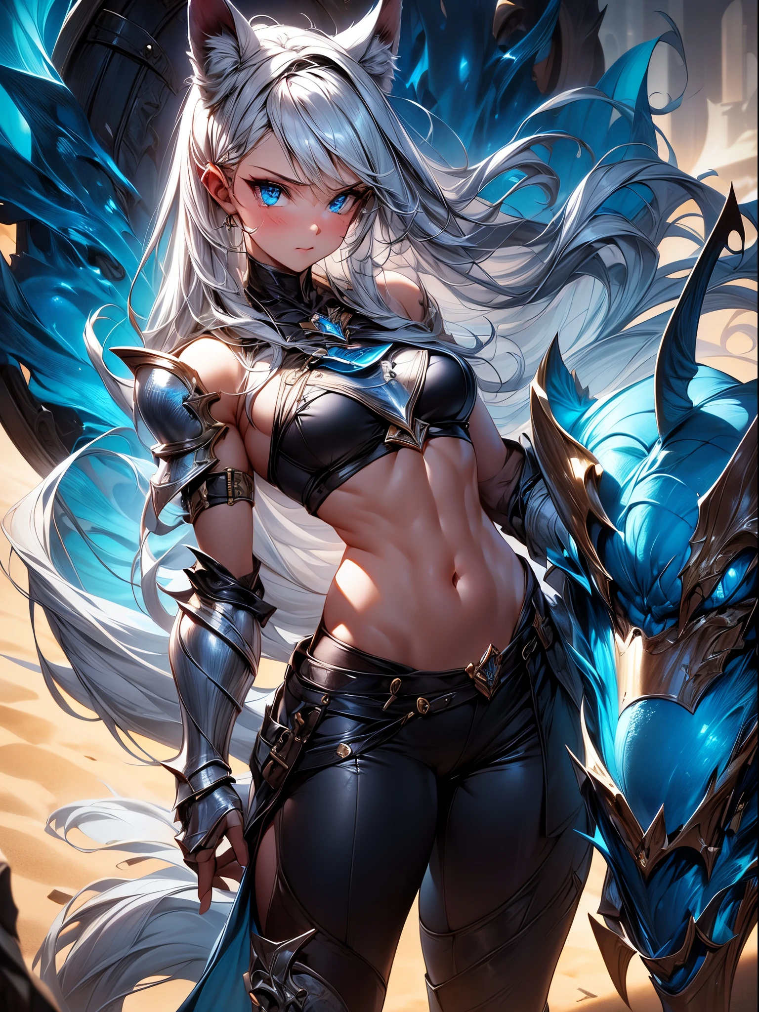 absurderes ,1 girl,Serious,Silver hair,worried woman ,Wolf ears,Blue eyes,Bikini Armor,Abs,muscular,Silver Gauntlet ,leather waist seat,BREAK,Dynamic Angle,Dynamic lighting,wasteland,Fantasy,BREAK,(close range),(Front view,From  above:1.2),Best Quality,Insanely detailed,Hyper realistic, Perfect Anatomy,Perfect five fingers,Vibrant colors,amazing,superfine illustration