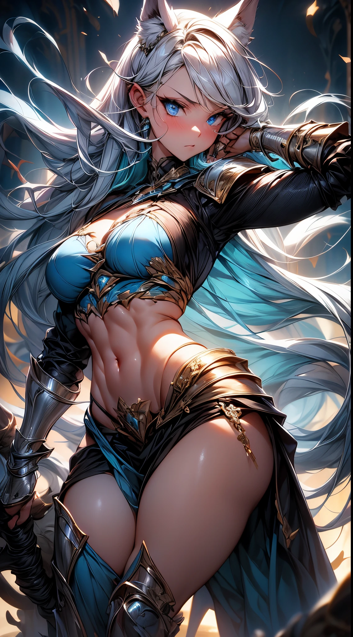 absurderes ,1 girl,Serious,Silver hair,worried woman ,Wolf ears,Blue eyes,Bikini Armor,Abs,muscular,Silver Gauntlet ,leather waist seat,BREAK,Dynamic Angle,Dynamic lighting,Wasteland,Fantasy,BREAK,(close range),(Front view,From  above:1.2),Best Quality,Insanely detailed,Hyper realistic, Perfect Anatomy,Perfect five fingers,Vibrant colors,amazing,superfine illustration