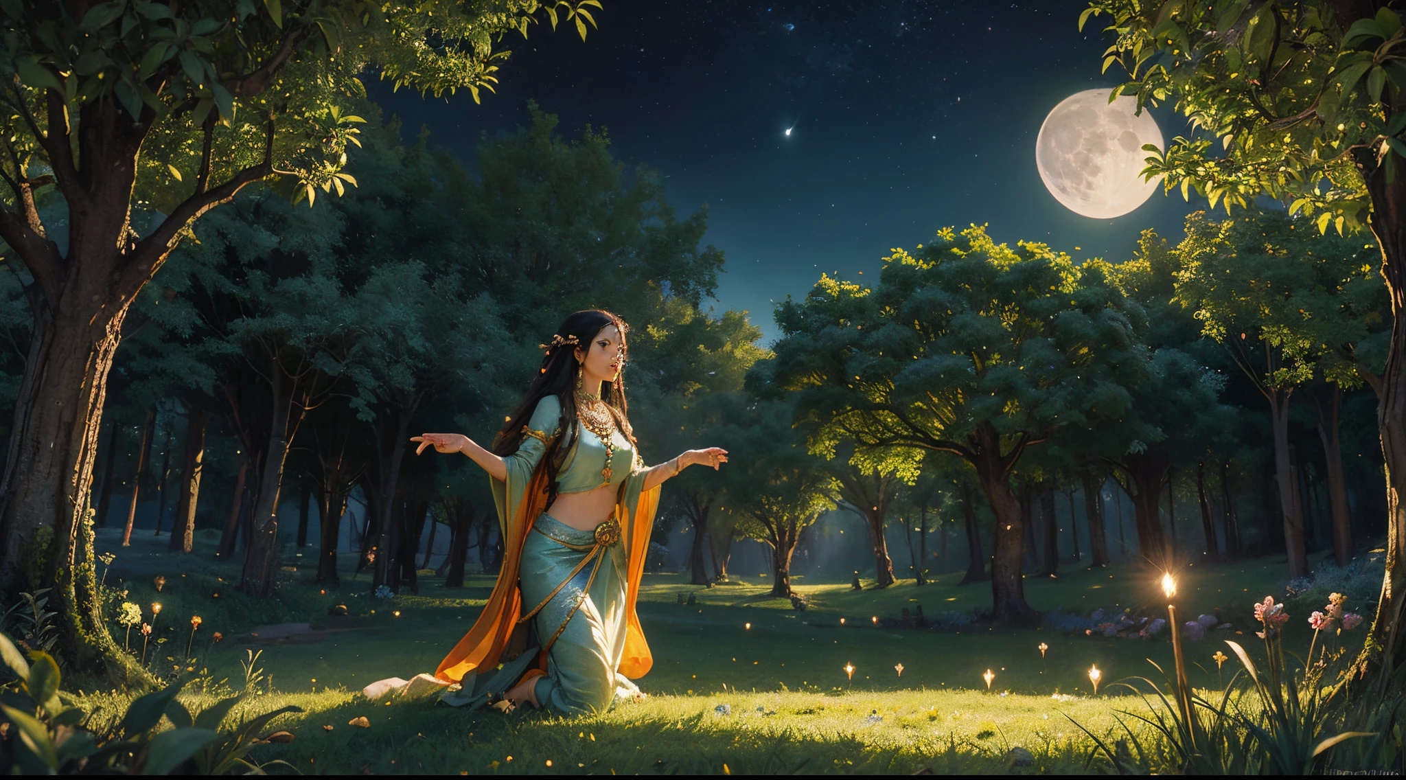 A primal goddess unleashes her power to manage the matrix of the Universe, rising her right hand, in in a celestial lawn with mango and apple trees, illuminated by the moonlight, colourful image slightly inspired in Renaissance paintings and Indian Art, highly detailed.