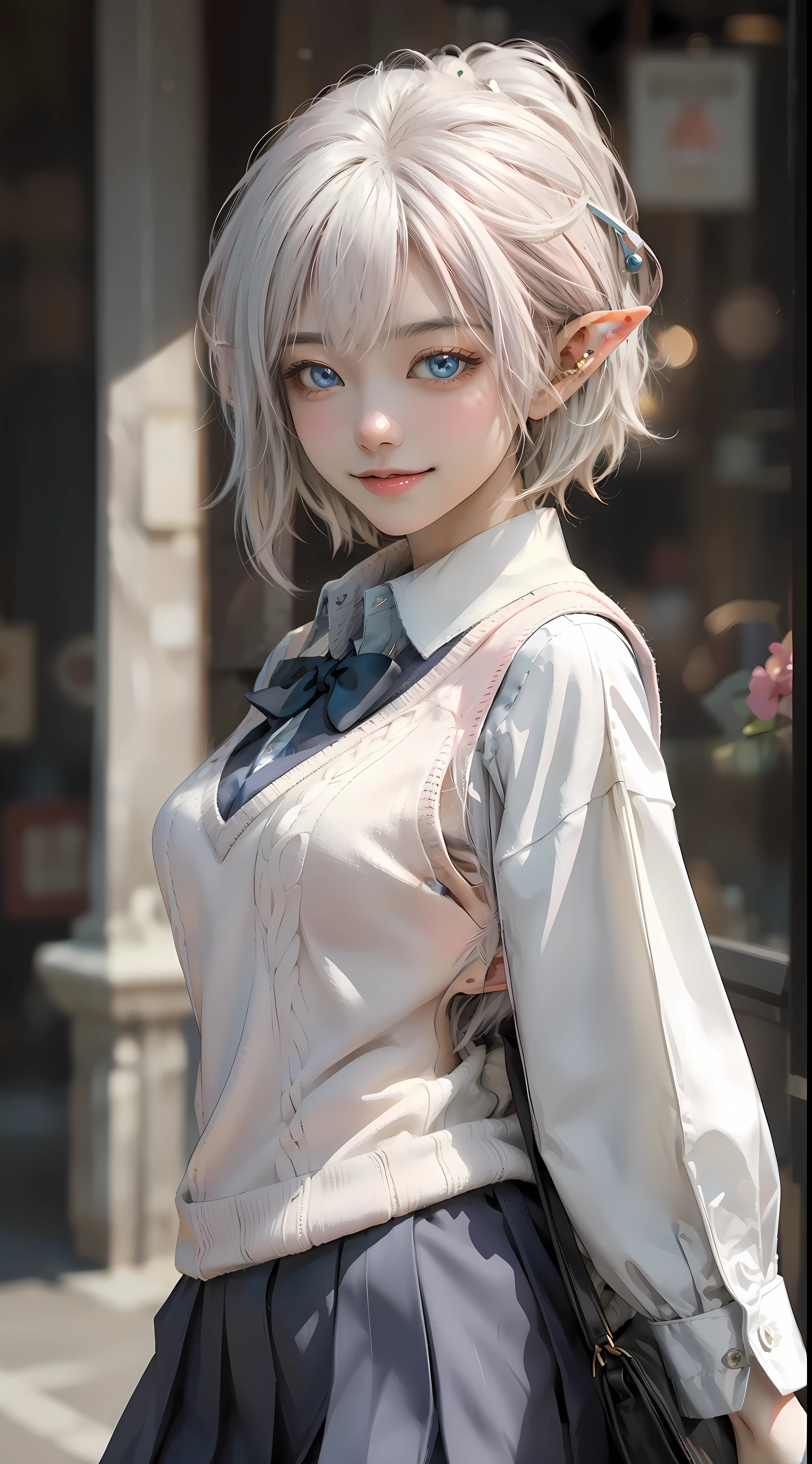 (masterpiece, best quality: 1.2), (ultra-detailed, cinematic lighting), (illustration), (beautiful detailed face, eyes), (elf:1.2) (1girl), Light pink lips, Tilting Head, light Smile, (white hair, sidelock, Pixie cut), Deep Blue Eyes, (Sweater vest:1.2), (school uniform:1.1), upper body, medium breast, looking at viewer, depth of field, by Artgerm, Yusuke Murata.