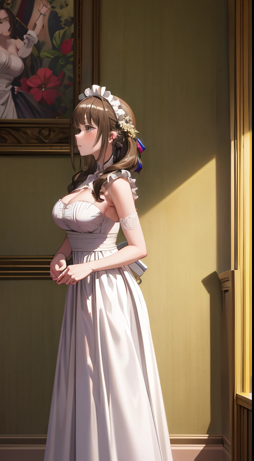 (Masterpiece), (Best quality), (Ultra-detailed), image_type: Portrait | Sexual huge breasts cleavage: Fashion | Emotion: elegant | scene: A young girl in a yellow and white maid outfit stands elegantly in an elegantly decorated interior room | Beautiful light, Tranquil Mood,Looking to the side