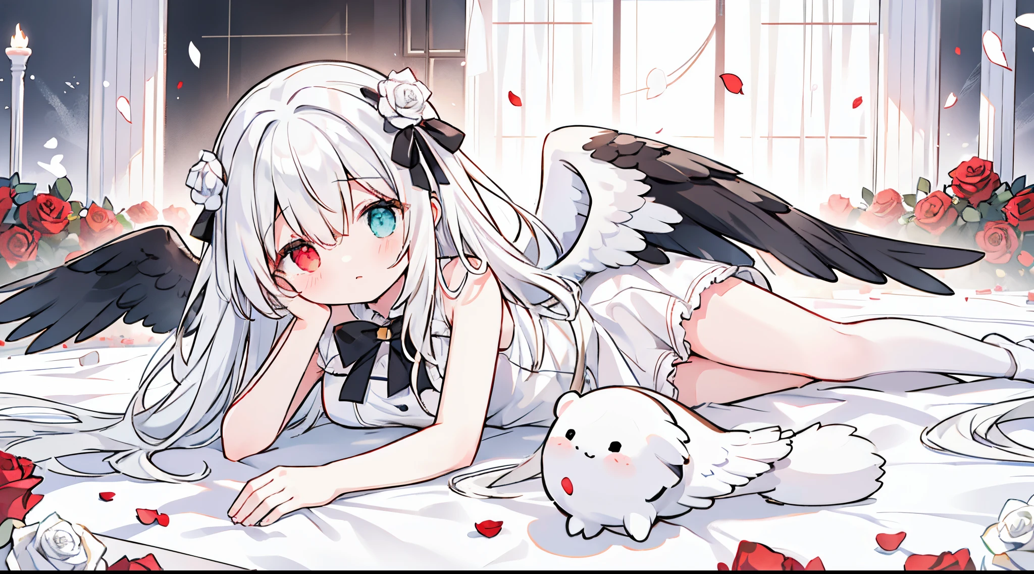 (Best picture quality) girl, (((fallen angel))), white feathers, white hair, odd eyes: black and white, one feather torn, long hair, hair curled inward, legs chained black, cross skirt long dress, black and white gradient, pained face, heterochromia+red and white, no highlights in eyes, despairing eyes, floor, hair half black half white, wings torn apart, two legs, two hands, lying on her side, no highlights, no eyes. no highlights in eyes, desperate eyes, floor, hair half black half white, wings torn apart, 2 legs, 2 hands, lying down looking at me, red roses and white roses, red roses and white roses, white roses and red roses, red roses and white roses, white roses and white roses