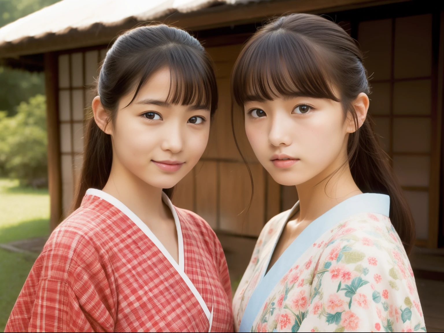 Beautuful Women、18year old 、head shot、80mm、Wearing Japanese clothes、Japanese houses