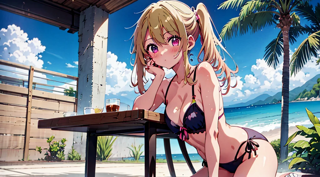 anime girl in a bikini, masterpiece, top-quality, one girl, Hoshino Rubii, Micro Bikini, ocean, wet, beautiful breasts, blush, Lying on a chair