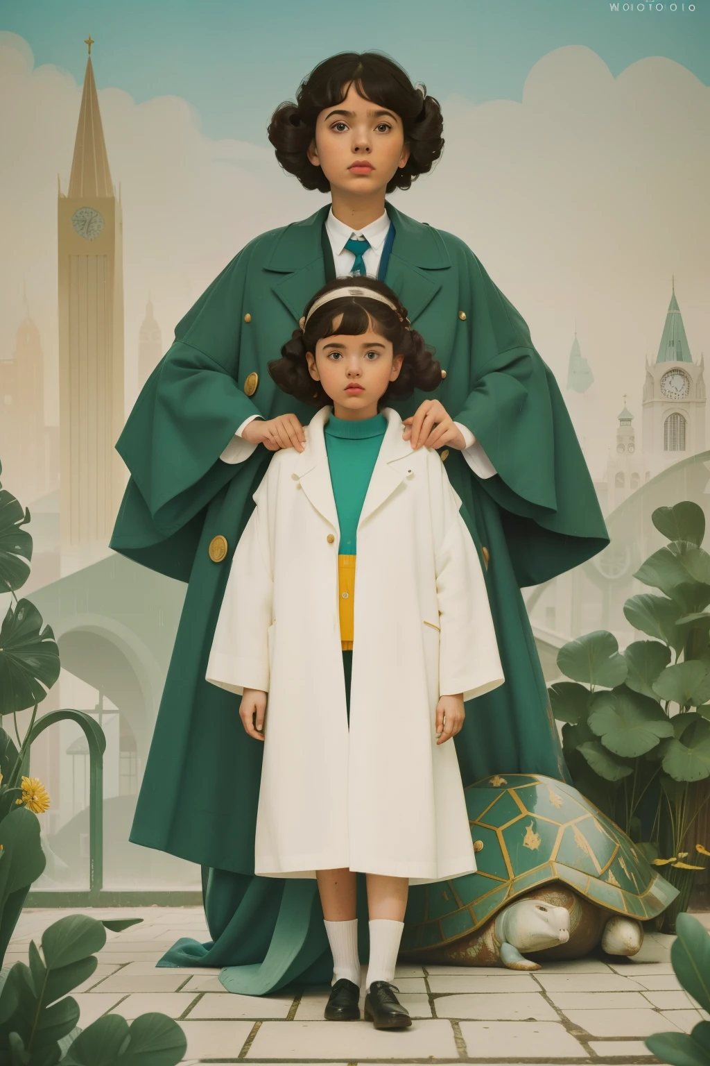 mysterious white magic city. Palacio de Cristal. Prerrafaelita ((((9 years old)) Momo)), Homeless girl, cabello rizado corto y desordenado, Oversized coat, Calle de la ciudad, caminando al lado de una gran tortuga, ((((Big, sloppy 60s clothes.)))), ((60s Curly Hairstyle)), ((Cinematic style by Wes Anderson)), De color