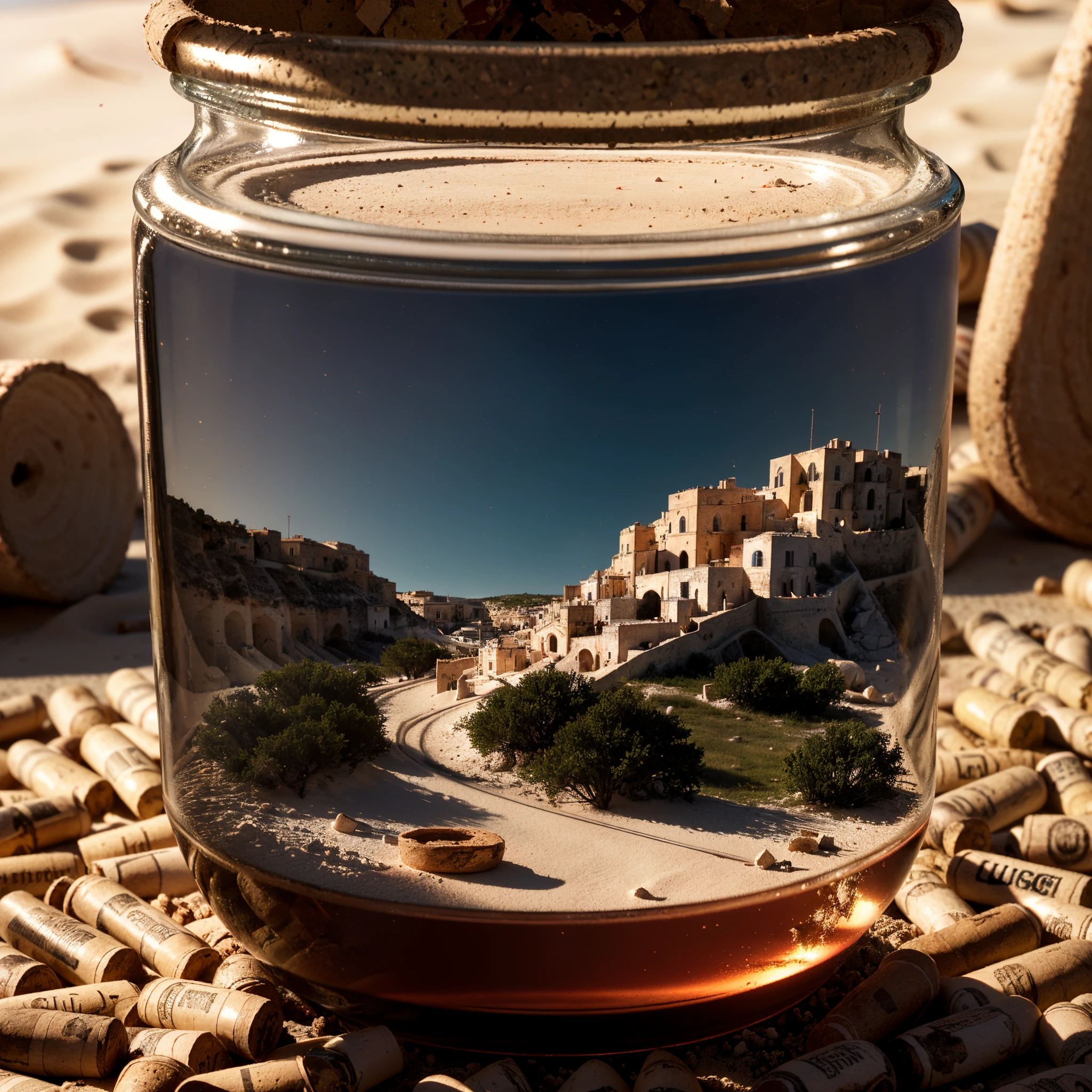 (An intricate minitown Matera landscape trapped in a corked jar), atmospheric greenish lighting, Realism, film grain, super detail, on a white desk, summer beach inside the jar. 4k UHD, dark vibes, hyper detailed, vibrant colors reddish sky background, epic composition, octane render, sharp focus, high resolution isometric, closeup view.