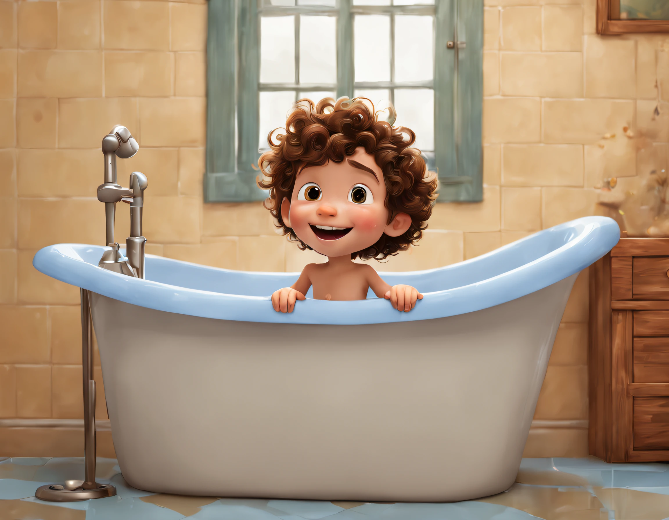 little boy in large bathtub, brown curly hair, pixar cartoon style