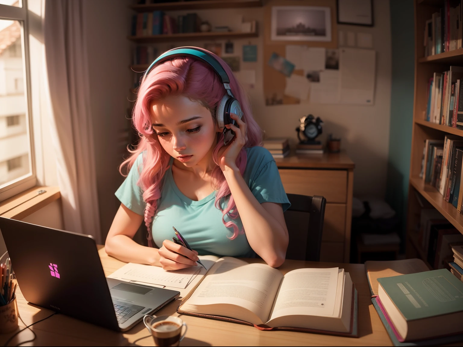 uma imagem de uma mulher estudando estilo lofi em um quarto de estudos, com livros, cadernos canetas e computador.