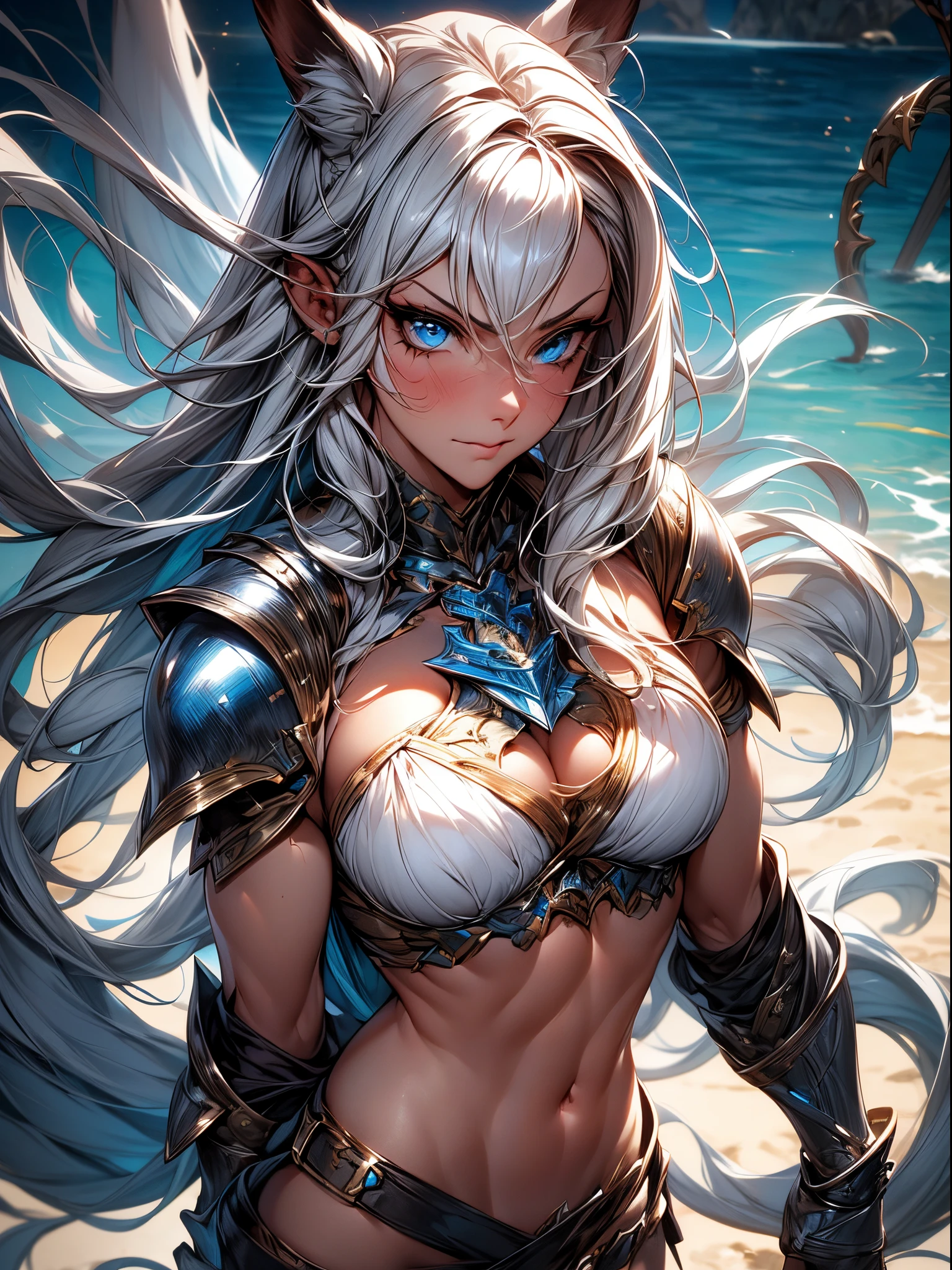 absurderes ,1 girl,Serious,Silver hair,worried woman ,Wolf ears,Blue eyes,Bikini Armor,Abs,muscular,Silver Gauntlet ,leather waist seat,BREAK,Dynamic Angle,Dynamic lighting,wasteland,Fantasy,BREAK,(close range),(Front view,From above:1.2),Best Quality,Insanely detailed,Hyper realistic, Perfect Anatomy,Perfect five fingers,Vibrant colors,amazing,superfine illustration