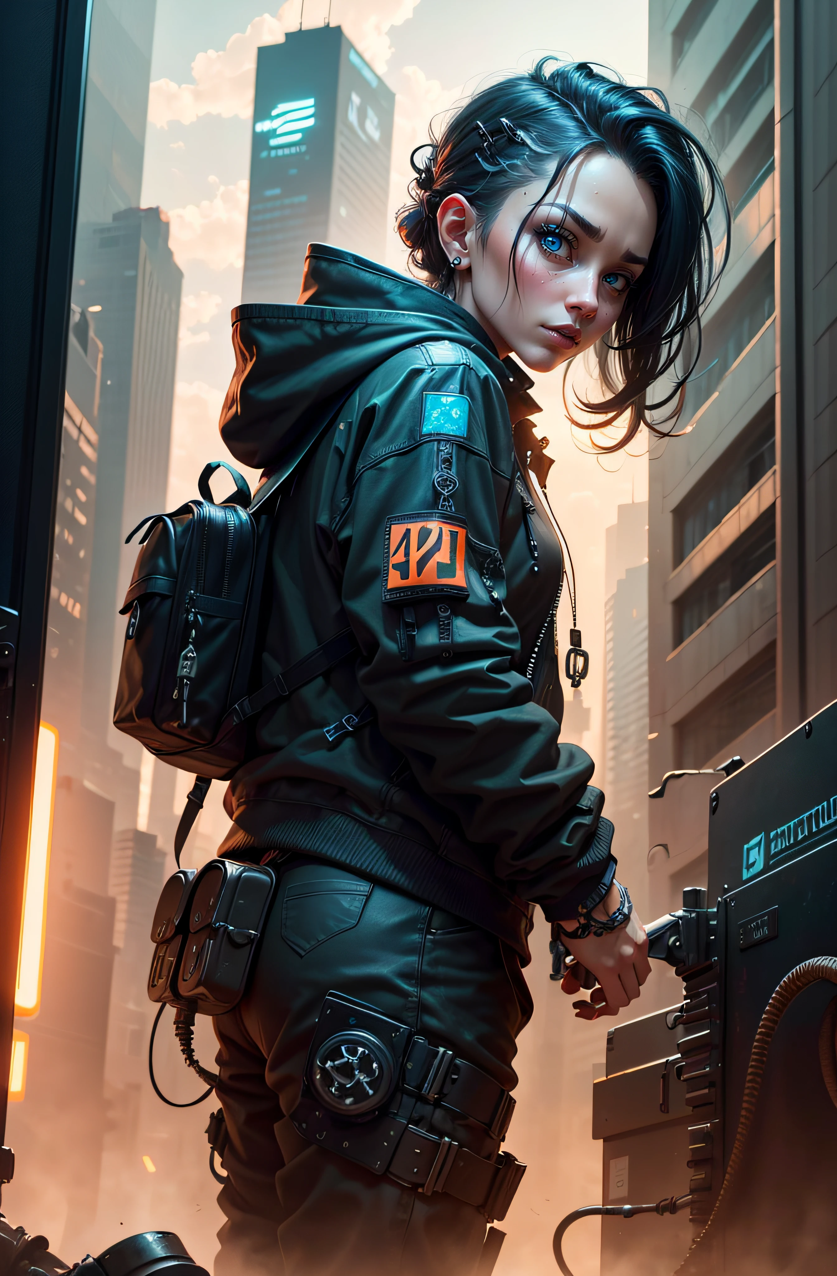 human octopus hybrid, cyberpunk tentacles, The color palette is primarily gray and black with some blue and orange accents. perfect detail, outstanding detail, beautiful detail, masterpiece work of art, heartwarming, full detail, impressive detail, great detail UHD macro image detailed, shot, action, perfect eyes, best quality, extremely sharp focus face, analog fine film grain, post-apocalyptic, cinematic, realistic, trending art station, helicopter, focus, studio photo, details, intricate, busy, raw, 64k, isom.