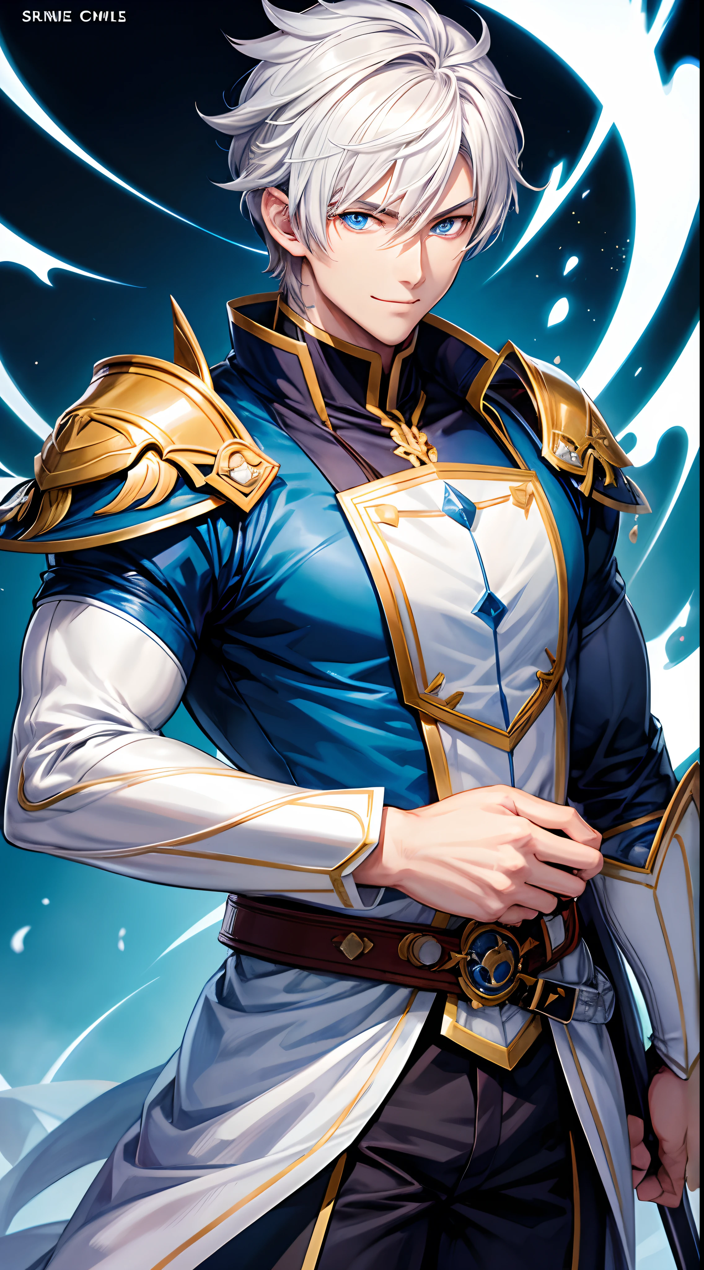 Cover magazine. Anime. Handsome Swordman with short white hair and blue eyes. His body is quite muscular. He was very handsome. Smiling. Man. Solo. Blue style. Upper body. Half body potrait.