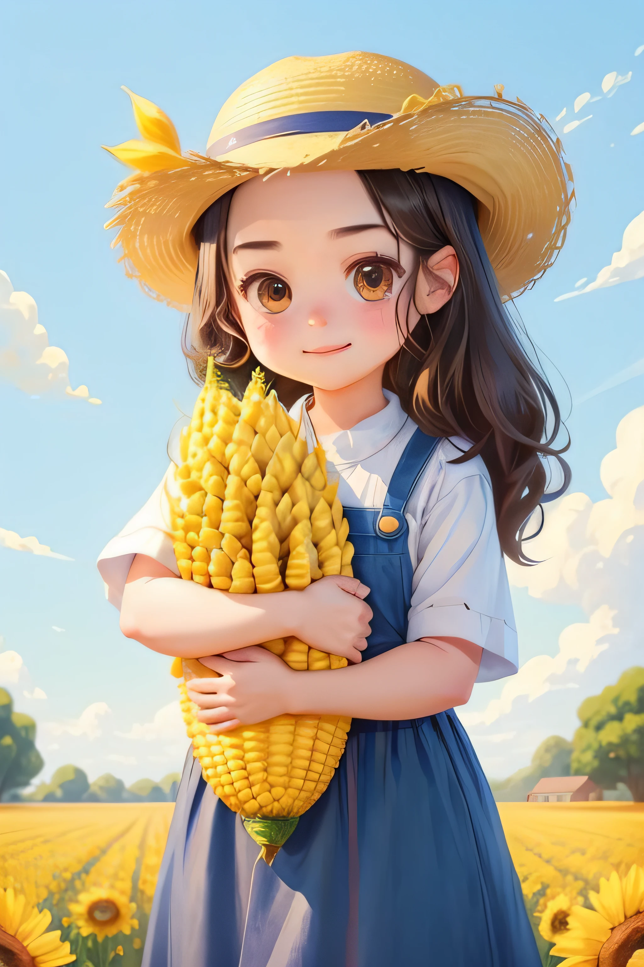 （Pixar style 1.25）A happy little farm girl，She wears a straw hat，Holding a big corn in my arms，girl is asian face，nothing background，Just a solid color background。