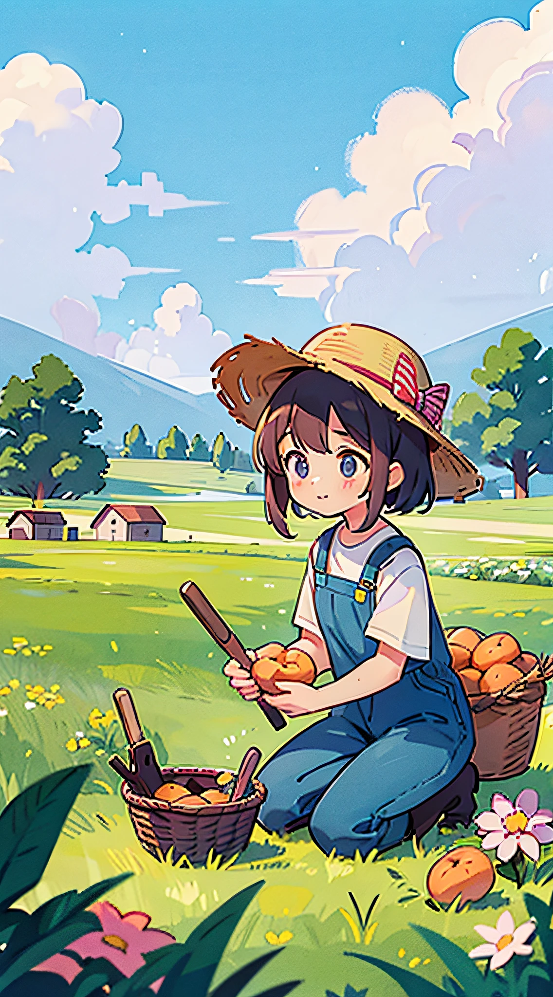 spring, midday, sky, clouds, working on a farm, (trees:0.4), Cute farmer girl kneeling in field with basket of sweet potatoes, bara, shirt, trousers, Knee boots, girl holding a shovel