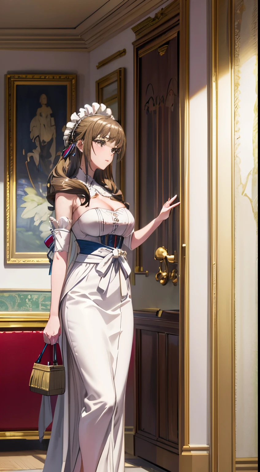 (Masterpiece), (Best quality), (Ultra-detailed), image_type: Portrait | Sexual huge breasts cleavage: Fashion | Emotion: elegant | scene: A young girl in a yellow and white maid outfit stands elegantly in an elegantly decorated interior room | Beautiful light, Tranquil Mood,Looking to the side