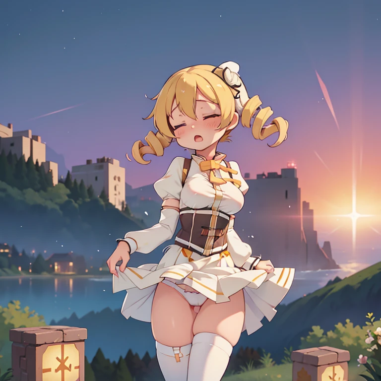 mami tomoe, big breast, torn clothes, skirt lifting, (white underwear), scenery, closed eyes, :o, pain, moaning