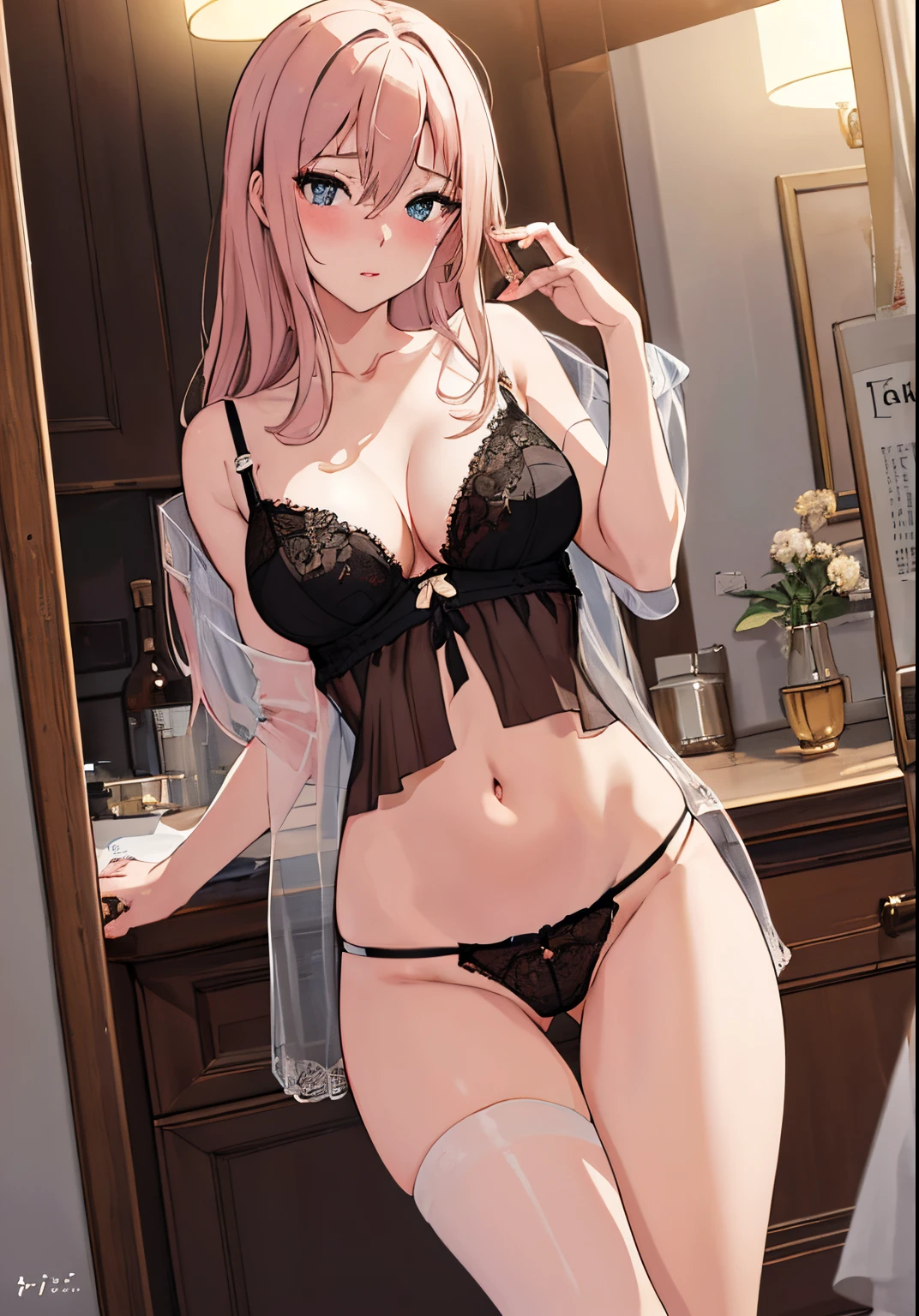 "(A true masterpiece with the best quality), featuring one girl in nsfw lingerie, looking shy but also showing off her beauty. She has a flat chest and a captivating cleavage, with panties that are slightly see-through and revealing. The hint of a nip adds an extra layer of sensuality to this stunning image."