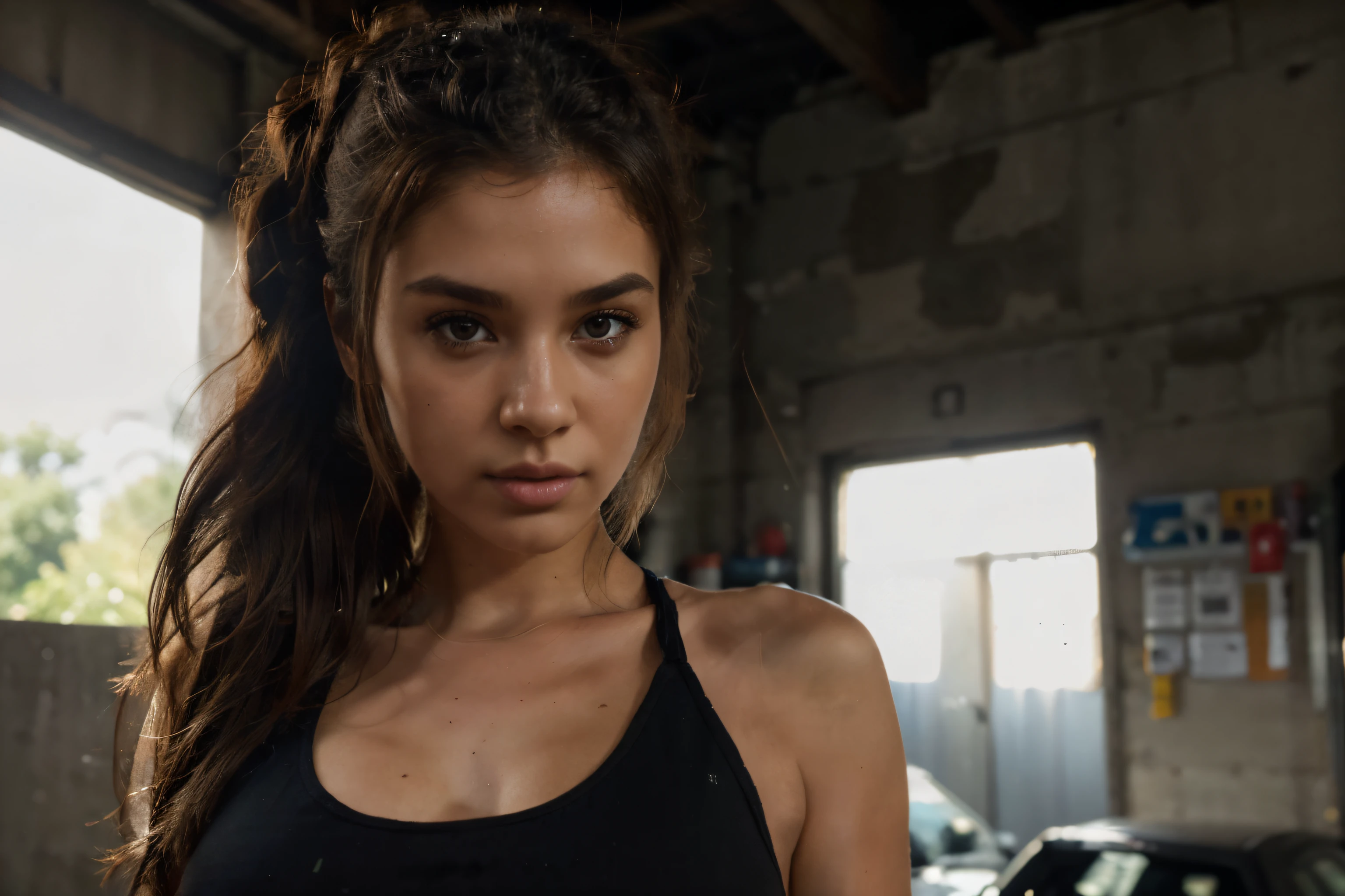 beautiful american model using black tank top, detail face, she have a very bright eyes, realistic face, detail face, realistic skin, skin pore, vibrant, dramatic lighting, 8k resolution picture, high detail on the photo, very realistic picture, dramatic lighting, fullbody, depth, shadow, dramatic shadow, one of a kind photo, sharp photo, sharpness on the detail, looking at the camera, half body view, (((Best Quality, masutepiece: 1.3)), long hair, ultra high res. photorealistic:.1.4, garage background, cinematic lighting, bloom, film grain, Fujicolor, high quality, masterpiece, 8K, UHD, UHD, retina, textured skin, super detail, high details, highres, 16k resolution, award winning, high quality, high details, super detail, messy bun hair