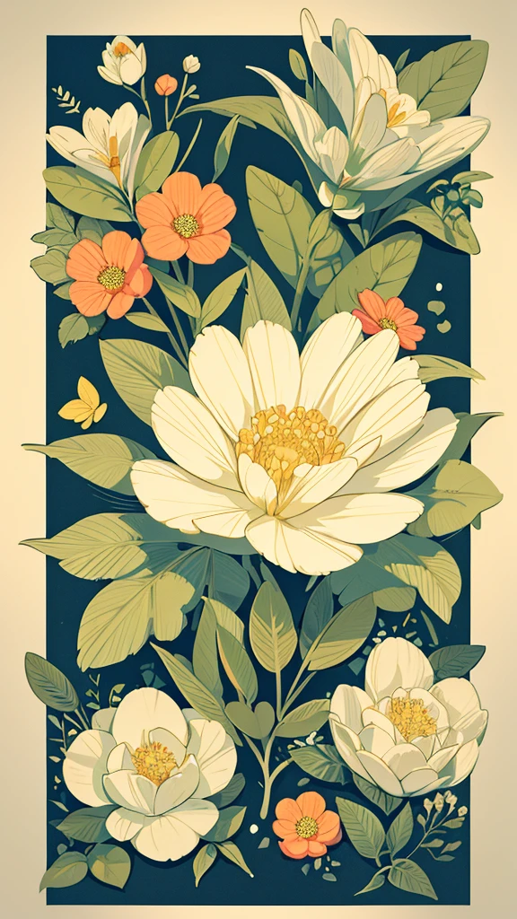 Light vintage color,planar,,RISO Print Style,illustartion,Adoly,Leave blank space,Low saturation,lots of flowers,Individually organized,leafs,twigs,printing, sticker of a,Random distribution,Beautiful drawing style, Color Guide,Graphic design,Carpet pattern,(Plain background)