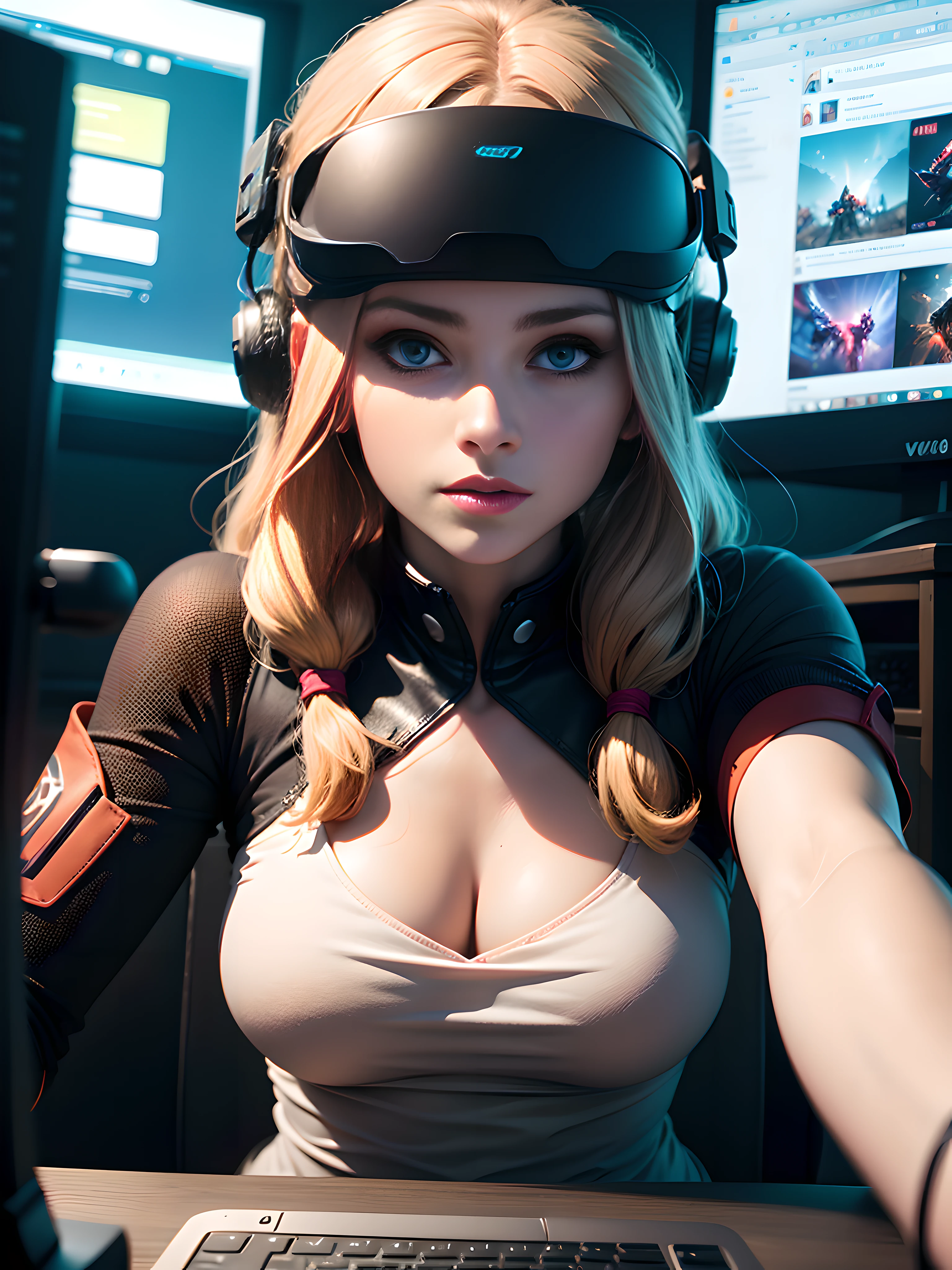 A girl sitting at a computer, connected to the computer with cables, VR helmet, [beautiful detailed eyes], [beautiful detailed lips], extremely detailed eyes and face, [long eyelashes], [digital rendering], [ultra-detailed], (best quality, 4k, 8k, highres, masterpiece:1.2), [vivid colors], [physically-based rendering], [sharp focus], [professional], VR gaming scene, [futuristic background], [studio lighting], [realistic], [sci-fi].