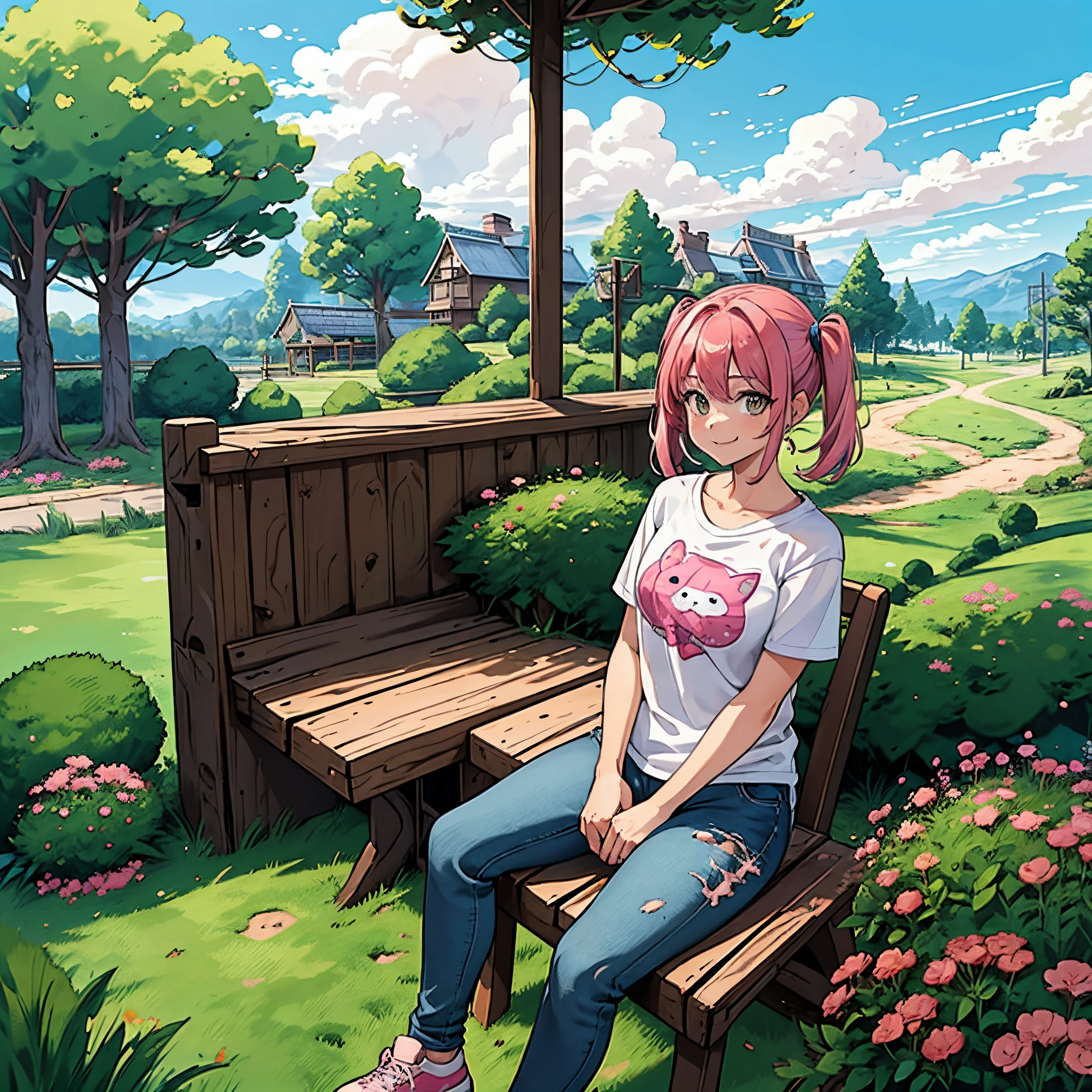 1girl, , pink hair color, smile, wearing a shirt that has a picture of a cat on it and jeans, twin tail hairstyle, sitting on a chair in the garden, holding a drinking bottle