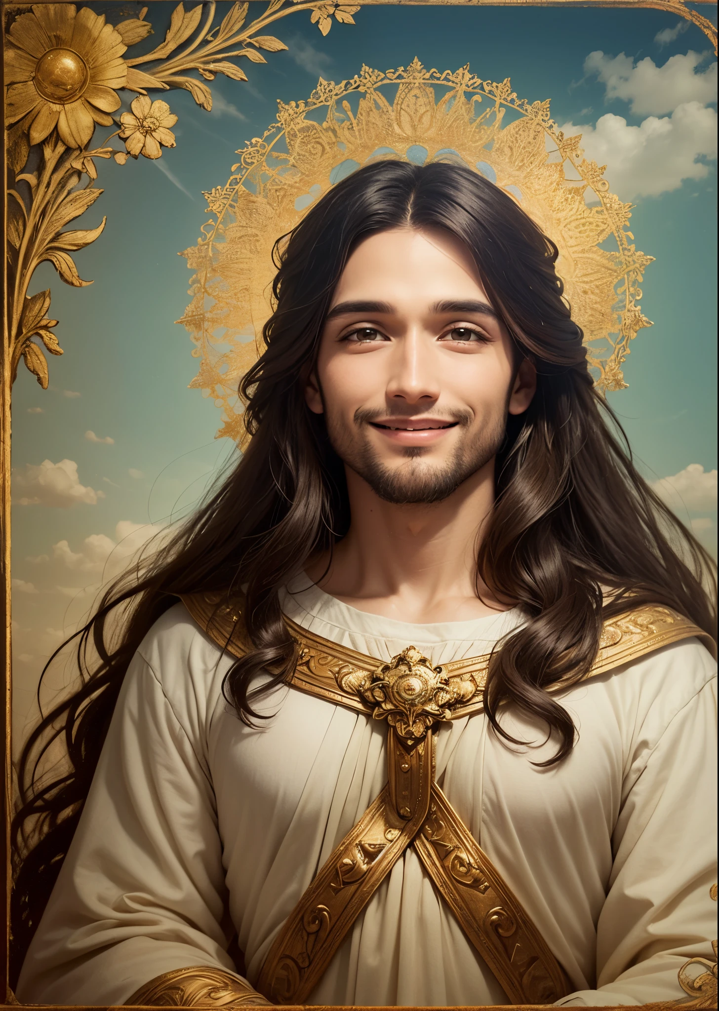 imagem realista e ricamente detalhada de Jesus Cristo, with a smile that conveys serenity and compassion --auto --s2
