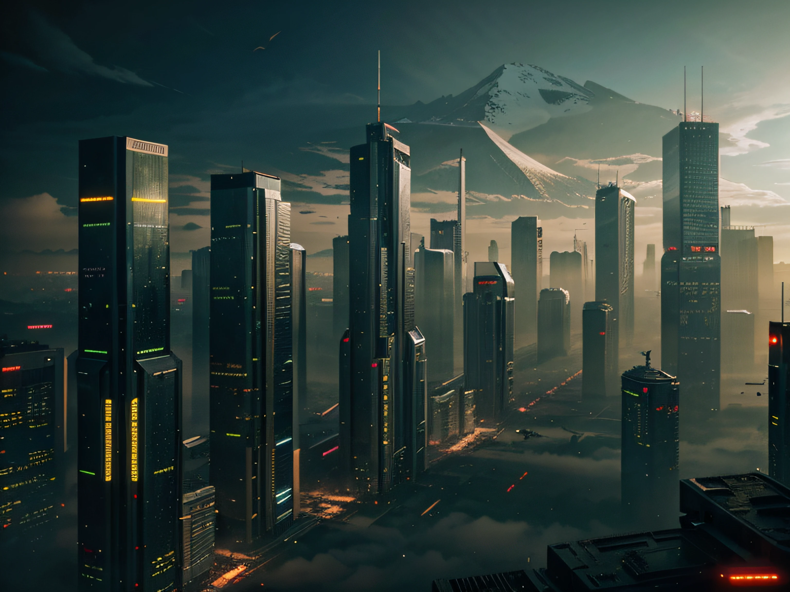 cyberpunk, futuristic, buildings, post apocalyptic, nature, mountains, blade runner, technology, aesthetic, impressive,