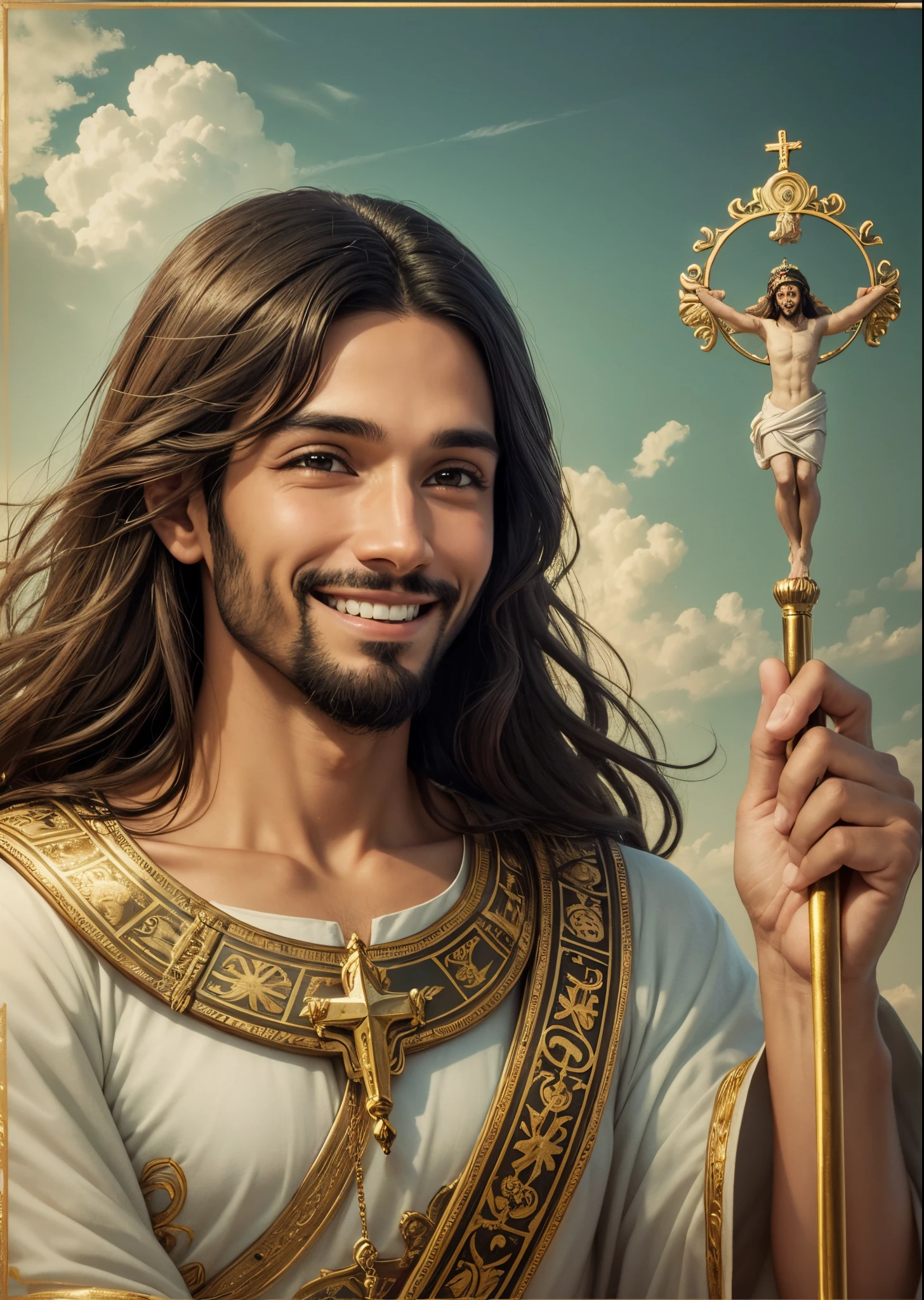 imagem realista e ricamente detalhada de Jesus Cristo, with a smile that conveys serenity and compassion --auto --s2