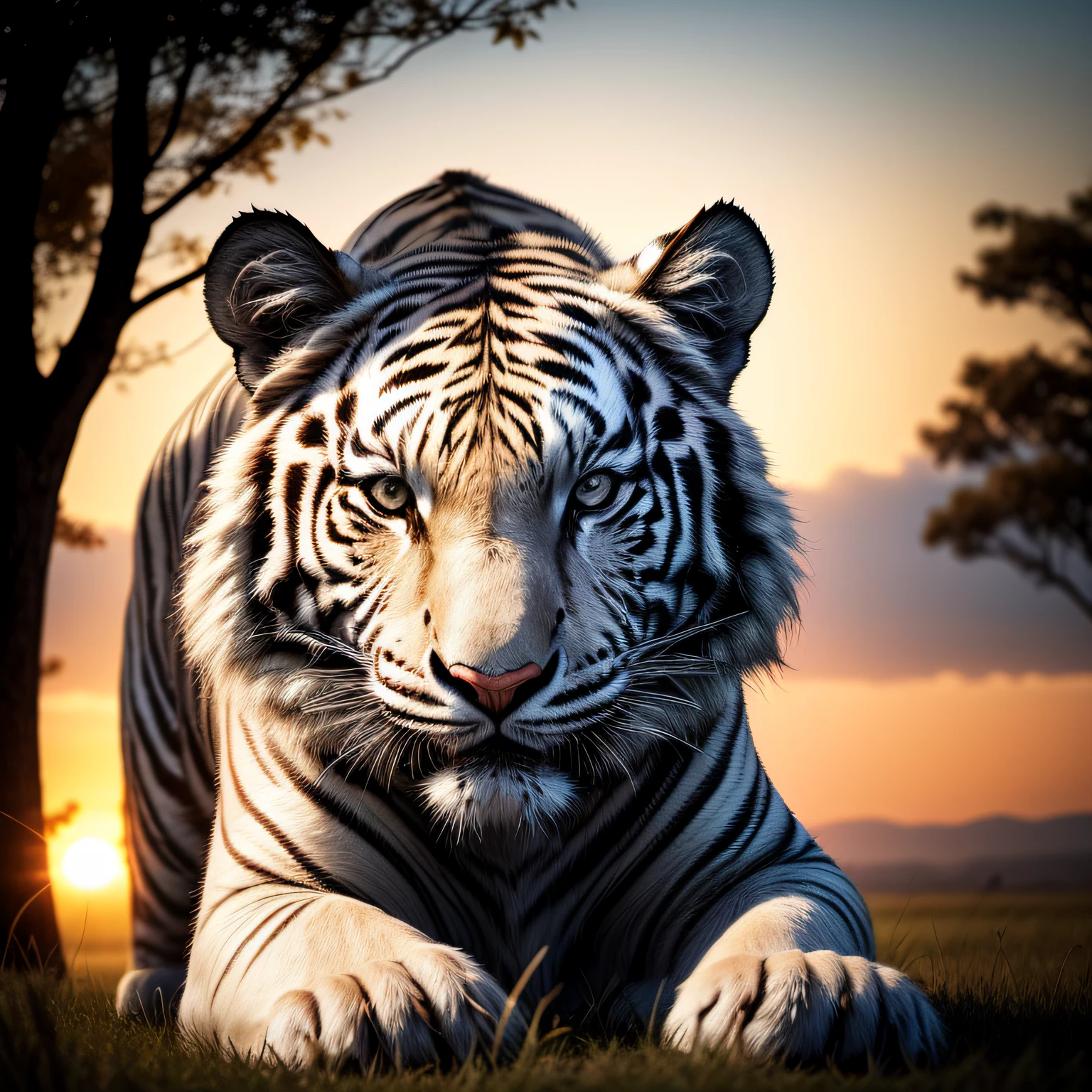 white tiger, close up white tiger silhouette:0.9, (Detailed eyes), wide grassland, a sunset, orange sky, backlight, draw the animals and trees in black, (best composition), (Masterpiece), (Best Quality), (Ultra high Detailes)