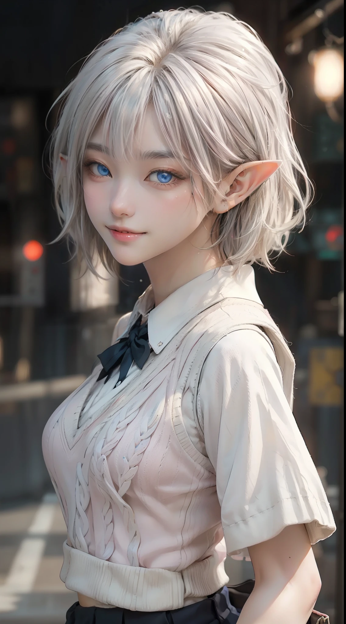 (masterpiece, best quality: 1.2), (ultra-detailed, cinematic lighting), (illustration), (beautiful detailed face, eyes), (elf:1.2) (1girl), Light pink lips, Tilting Head, light Smile, (white hair, sidelock, Pixie cut), Deep Blue Eyes, (Sweater vest:1.2), (school uniform:1.1), upper body, medium breast, looking at viewer, depth of field, by Artgerm, Yusuke Murata.