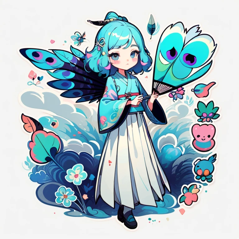 1 sticker, handbook, (Sticker, 1 girl, Korean clothing, Gorgeous collared top, pleated long skirt, embroidery, peacock, hairpin, folding fan, feather, Splitting the parts), watercolour, whitebackground, Simple background, minimal, Cute, tiny, Color: pastel colors, vector style, No gradient,