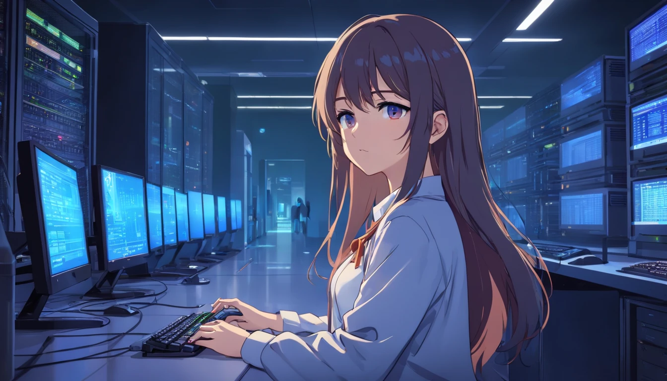 Upper body shot, Long shot, master peace, High-quality, (Wide-angle), Dark lighting, Large server room with a many servers and PCs and monitors, A hacker Female using a smartphone, (Perfect face, Detailed face, Detailed eyes, Perfect hands), with many colleagues, a lot of smartphones on the desk, Using a computer in a dark room and open the Linux operating system on the computer screen, write codes in the terminal in Linux, Cyber Security, shiny eyes, ((1girl in)), (maturefemale:1.4), Long hair, ((Gradient Hair)), multicolored eyes, Gradient Eyes, (Glowing eyes:1.1), White shirt, Long sleeves, Collared shirt, Blunt bangs, Leave past the wrist, dress shirts, Black cardigan, ((data center)), (Complex background, Many elements of the background:1.2), ((hyper detailed background)), Wide-angle