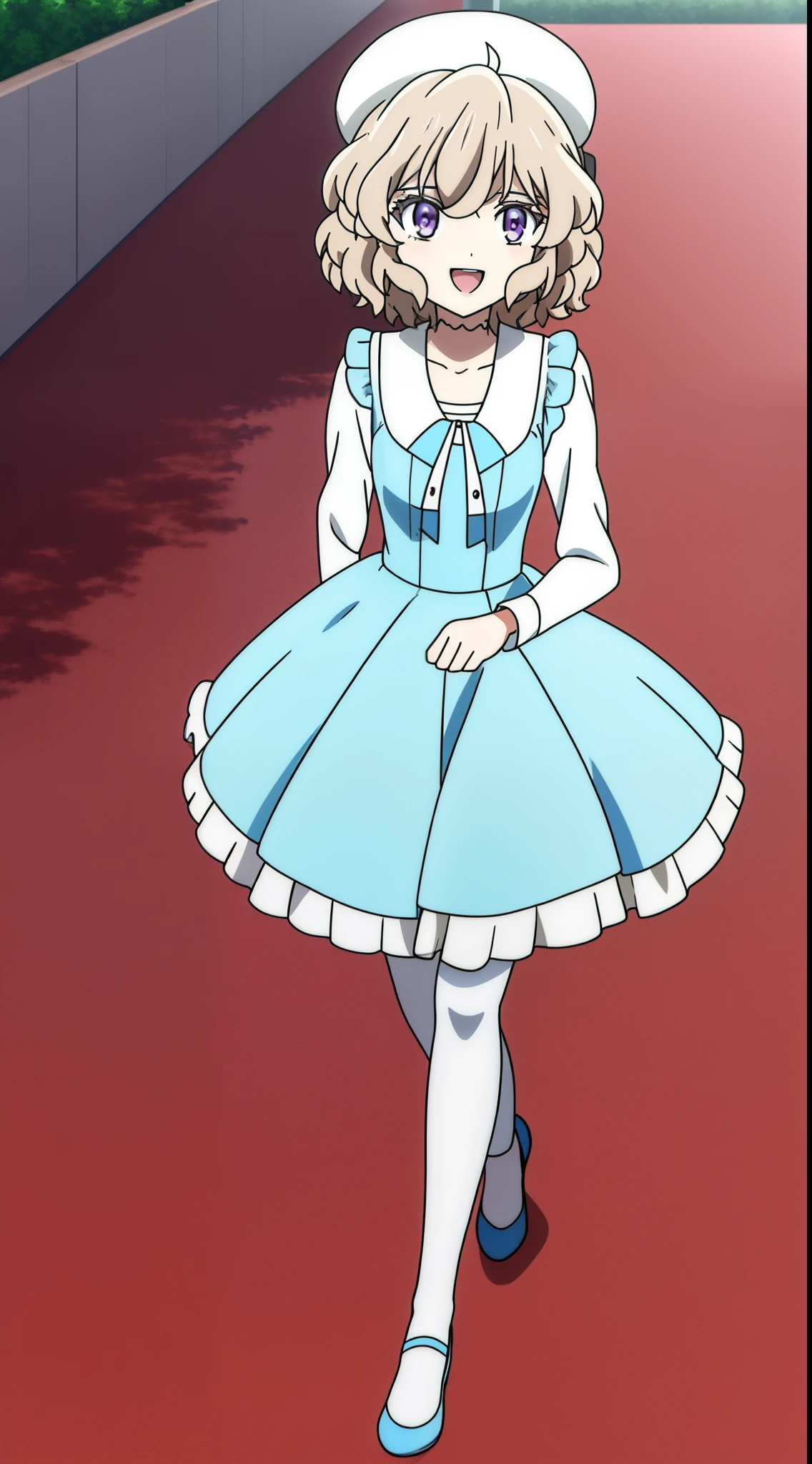 IwanagaKotoko, 1girl, running, stepping, light blue dress, white thighhighs, white leg wear, from side, beret, smile, open mouth