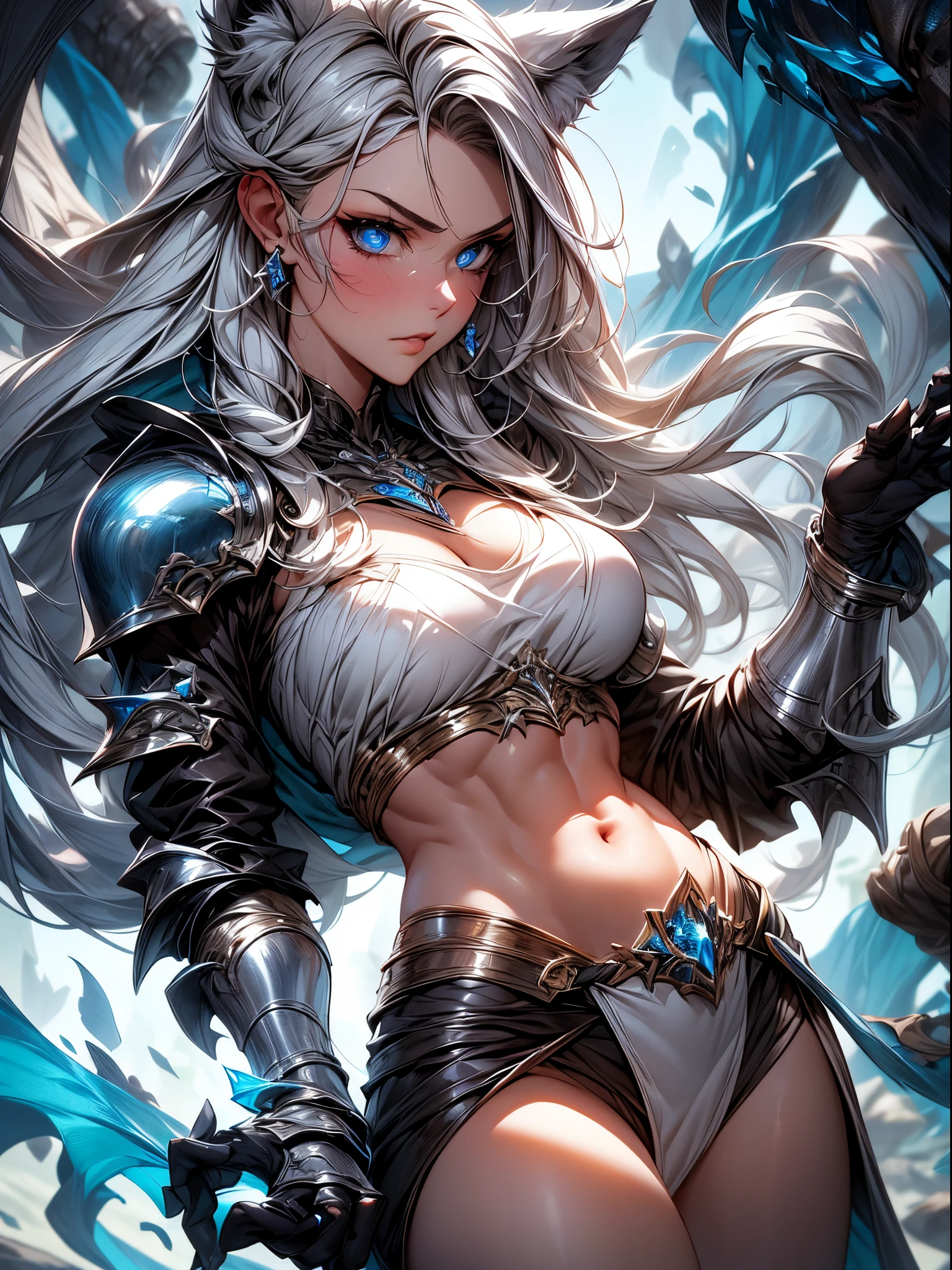 Absurdres ,1 girl,Serious,Silver hair,woman knight,Wolf ears,Blue eyes,Bikini Armor,spear,Abs,silver gauntlet ,leather waist seath,BREAK,Dynamic Angle,dynamic lighting,wilderness,fantasy,BREAK,best quality,insanely detailed,Hyper realistic, Perfect Anatomy,perfect 5 fingers,amazing,super fine illustration