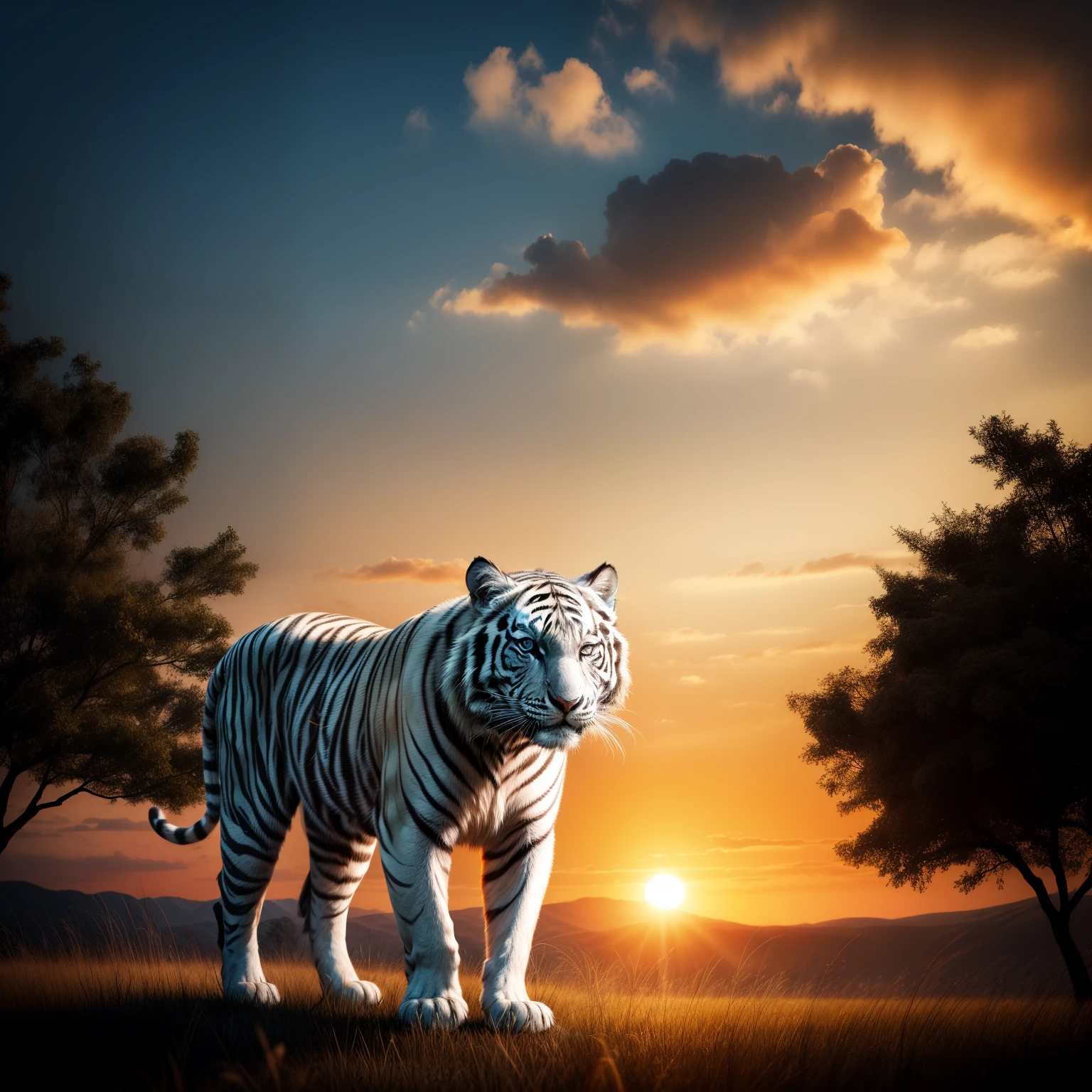 white tiger, close up white tiger silhouette:0.5, (Detailed eyes), wide grassland, a sunset, orange sky, backlight, draw the animals and trees in black, (best composition), (Masterpiece), (Best Quality), (Ultra high Detailes)